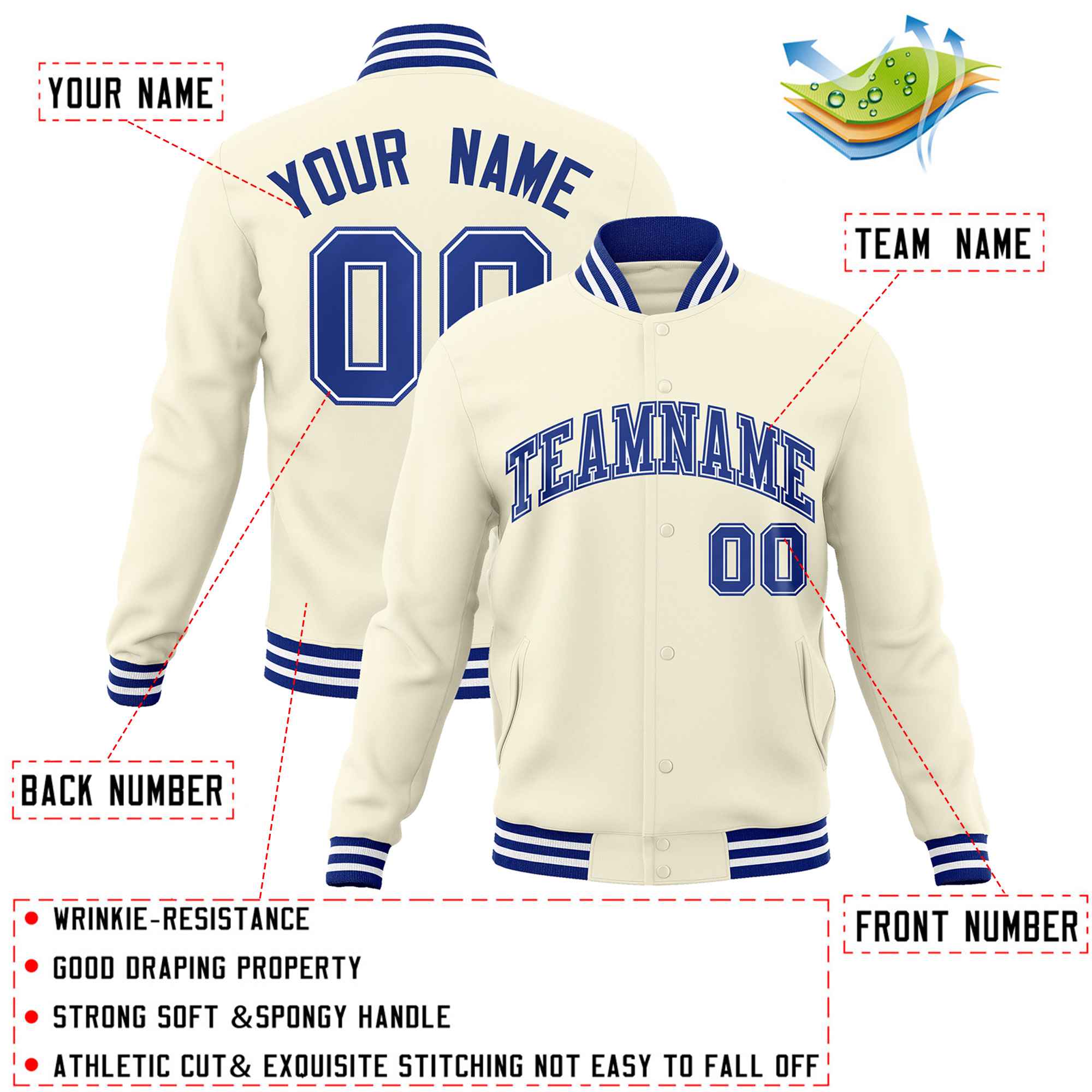 Custom Khaki Royal-Royal Classic Style Varsity Full-Snap Letterman Jacket