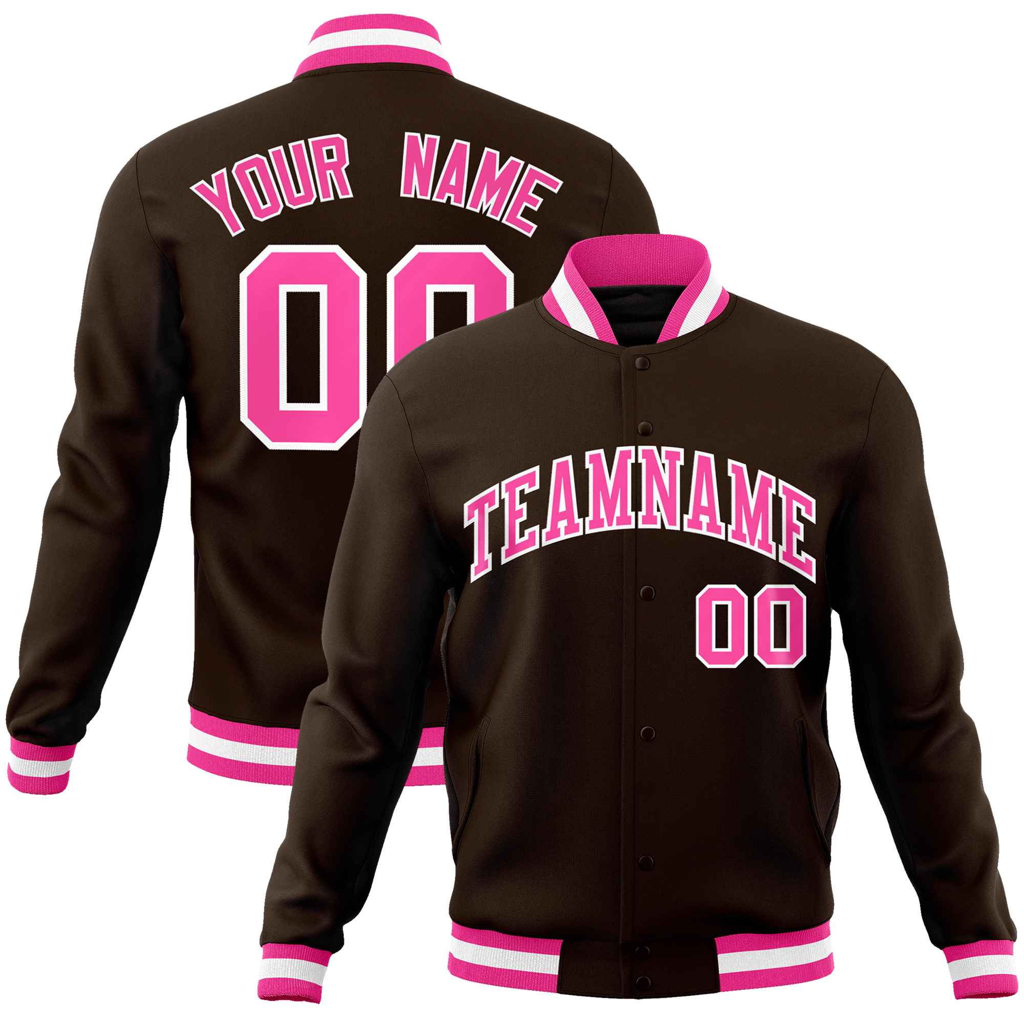 Custom Brown Pink-White Classic Style Varsity Full-Snap Letterman Jacket