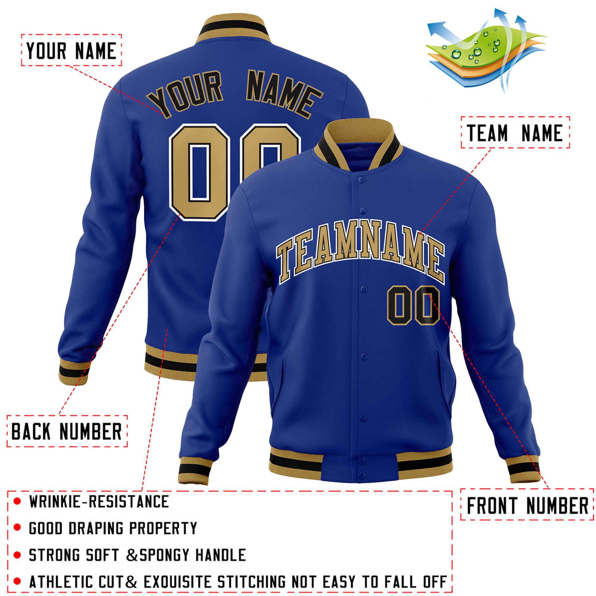 Custom Royal Old Gold-White Classic Style Varsity Full-Snap Letterman Jacket