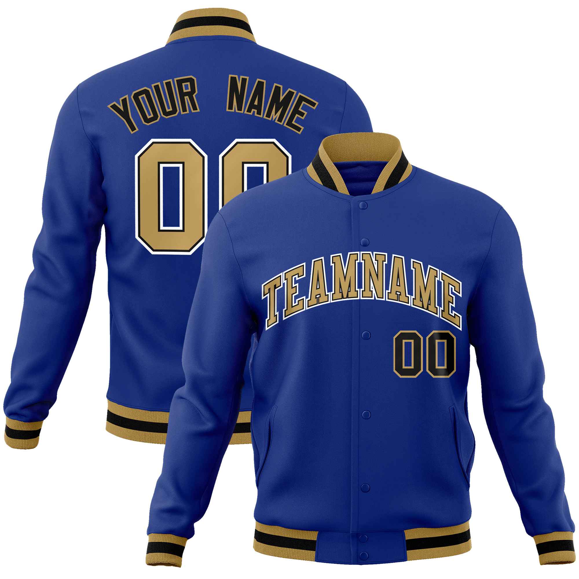 Custom Royal Old Gold-White Classic Style Varsity Full-Snap Letterman Jacket