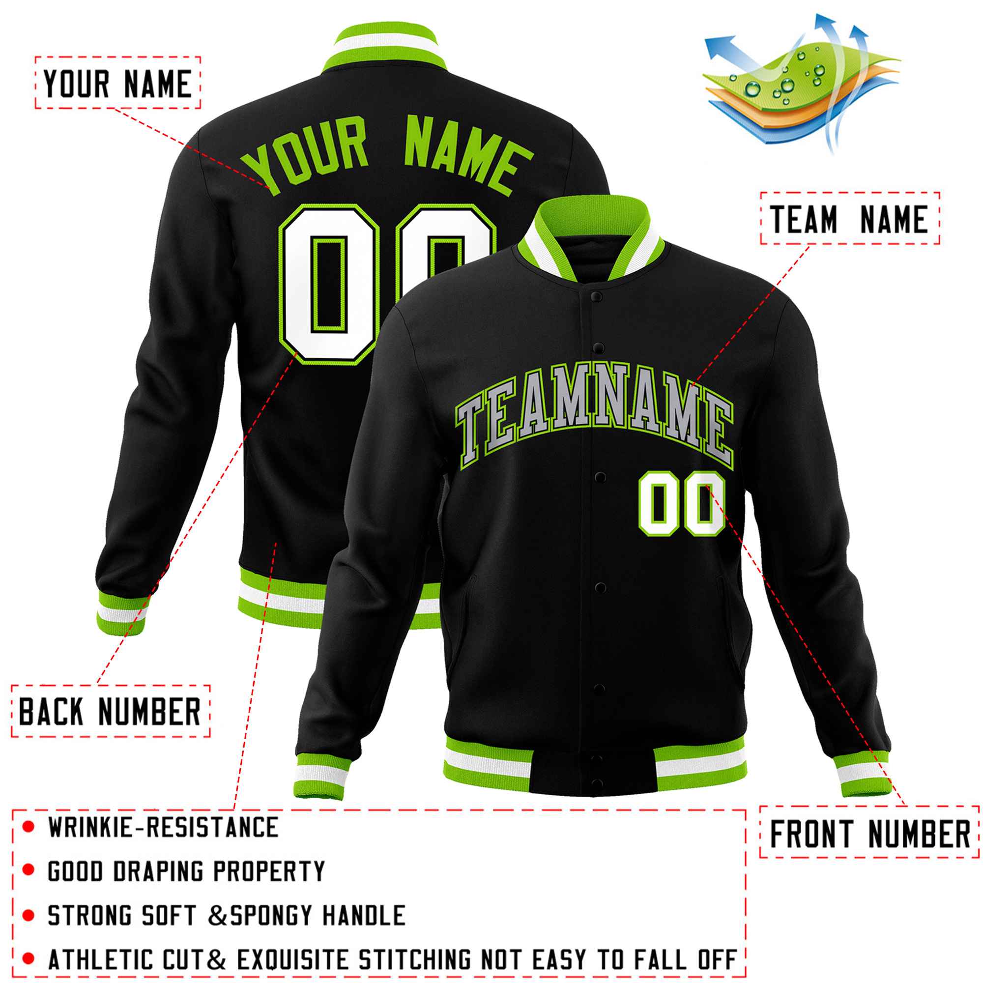 Custom Black Gray-Neon Green Classic Style Varsity Full-Snap Letterman Jacket