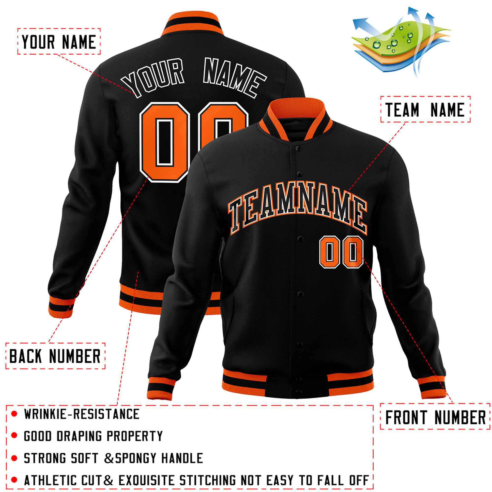 Veste Letterman Varsity Full-Snap personnalisée noir-orange de style classique