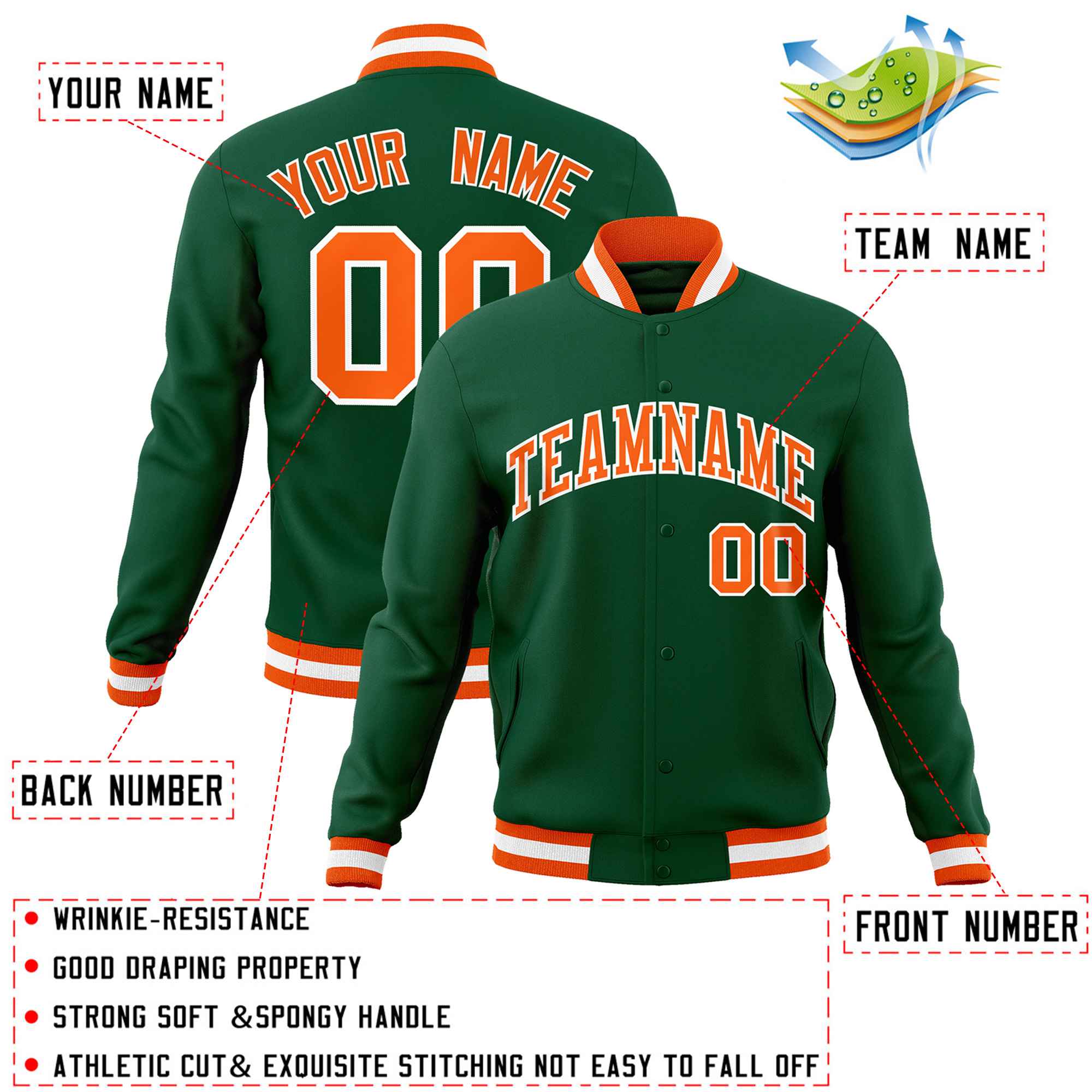 Custom Green Orange-White Classic Style Varsity Full-Snap Letterman Jacket