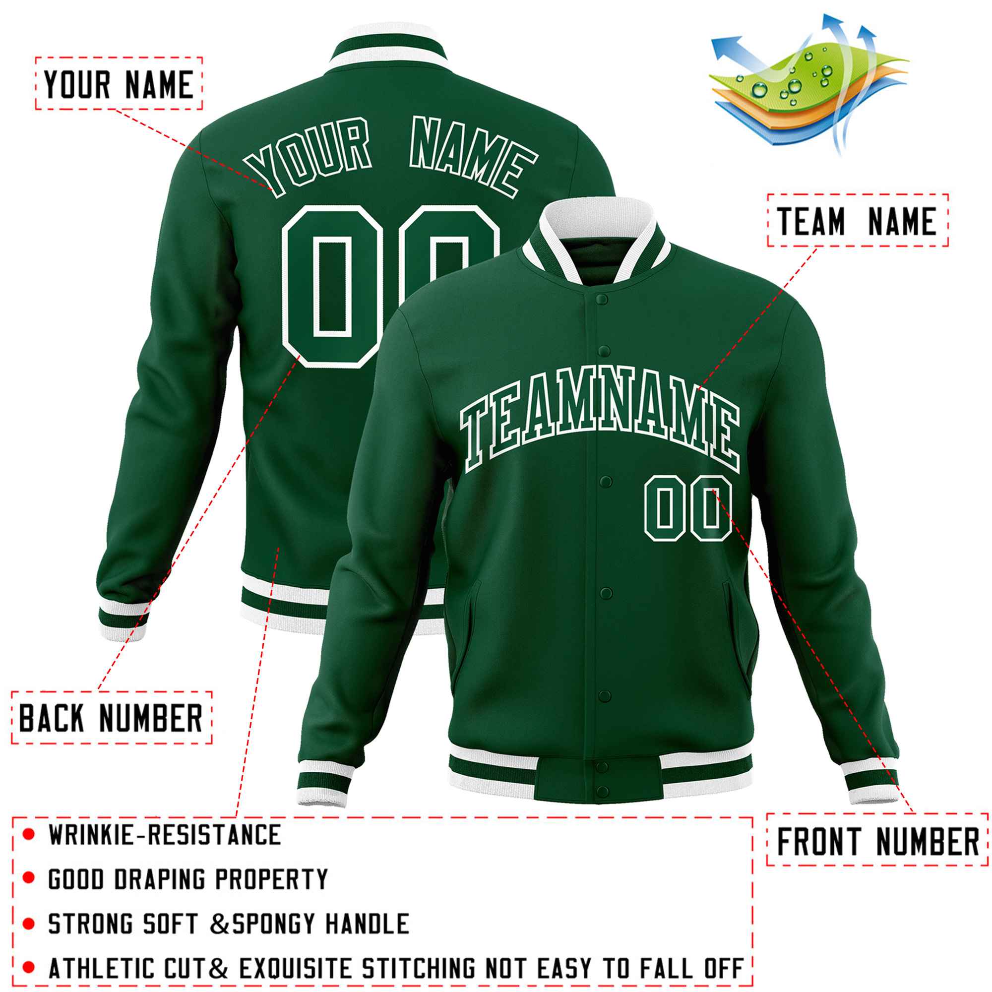 Custom Green Green-White Classic Style Varsity Full-Snap Letterman Jacket