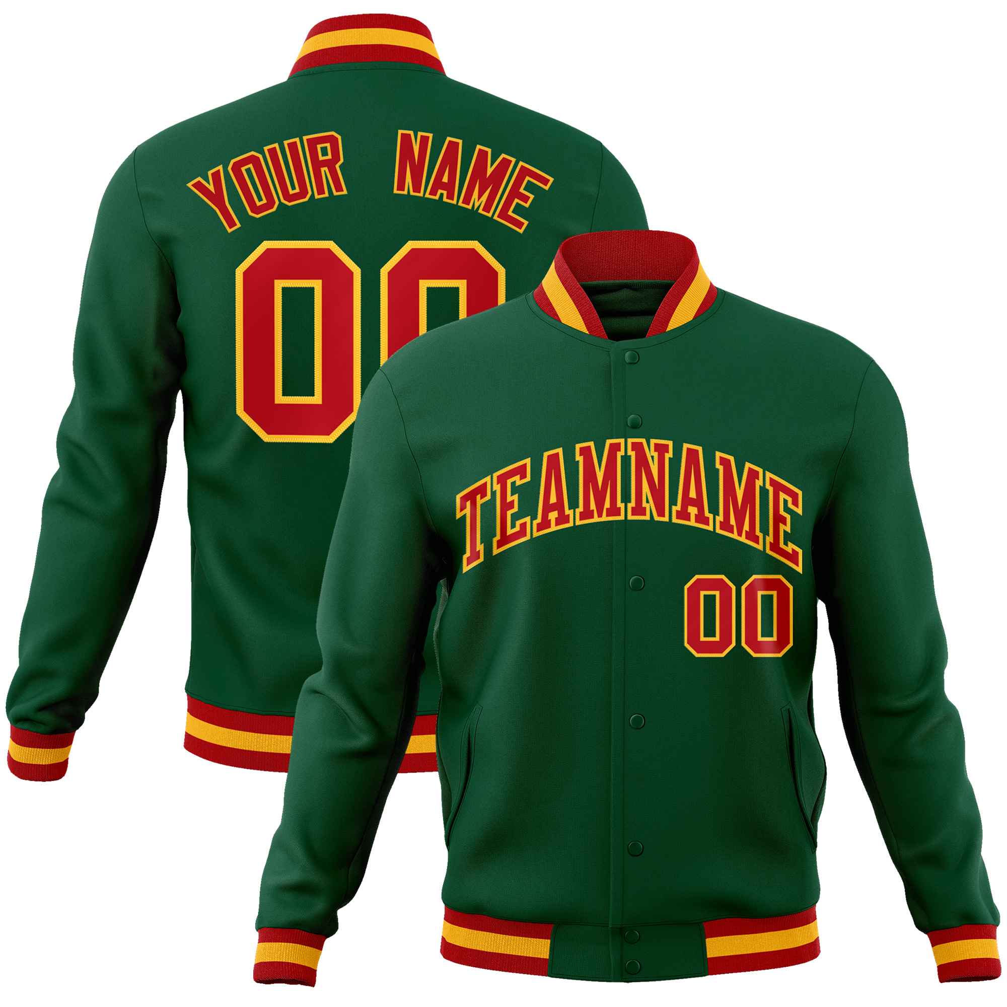 Custom Green Red-Gold Classic Style Varsity Full-Snap Letterman Jacket