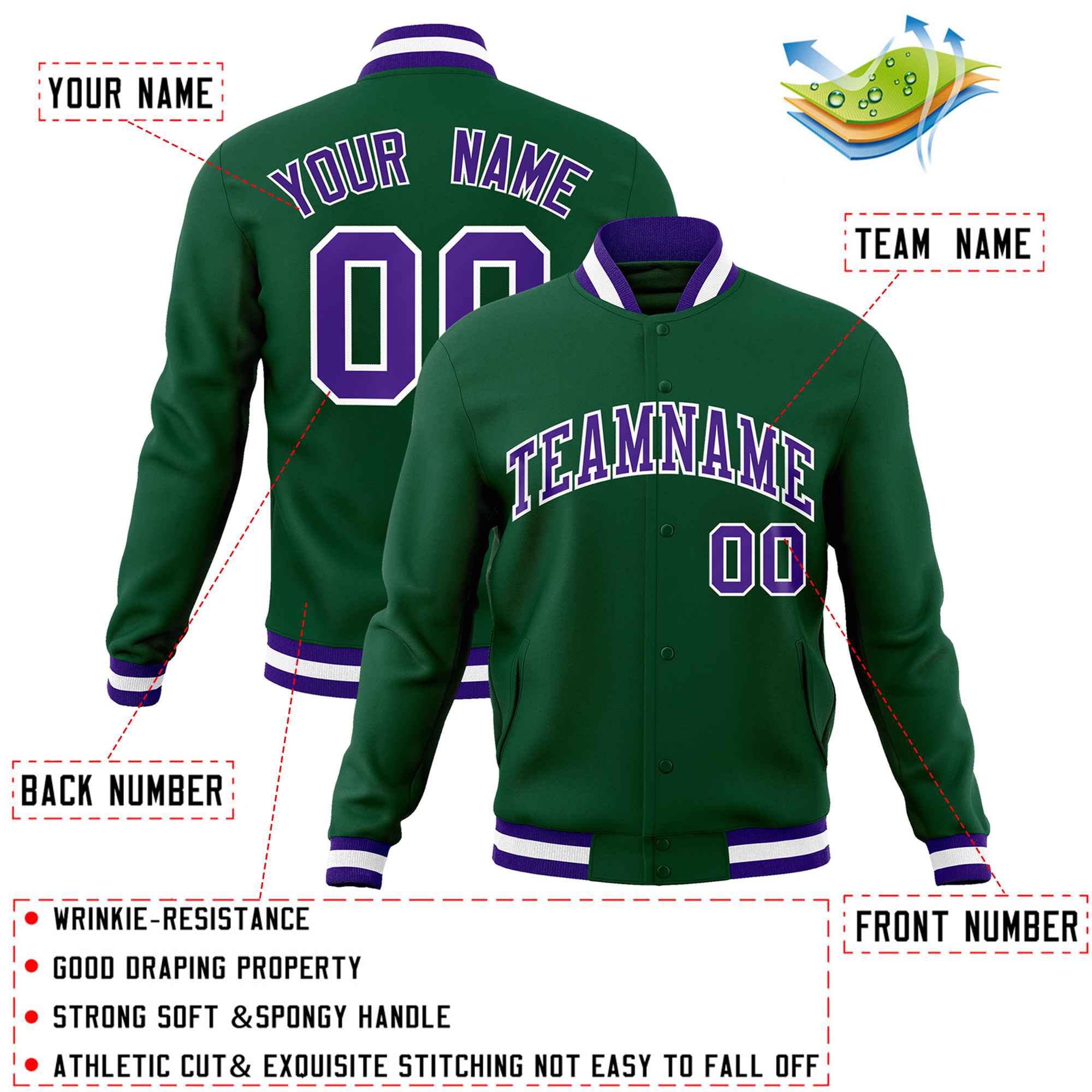 Custom Green Purple-White Classic Style Varsity Full-Snap Letterman Jacket