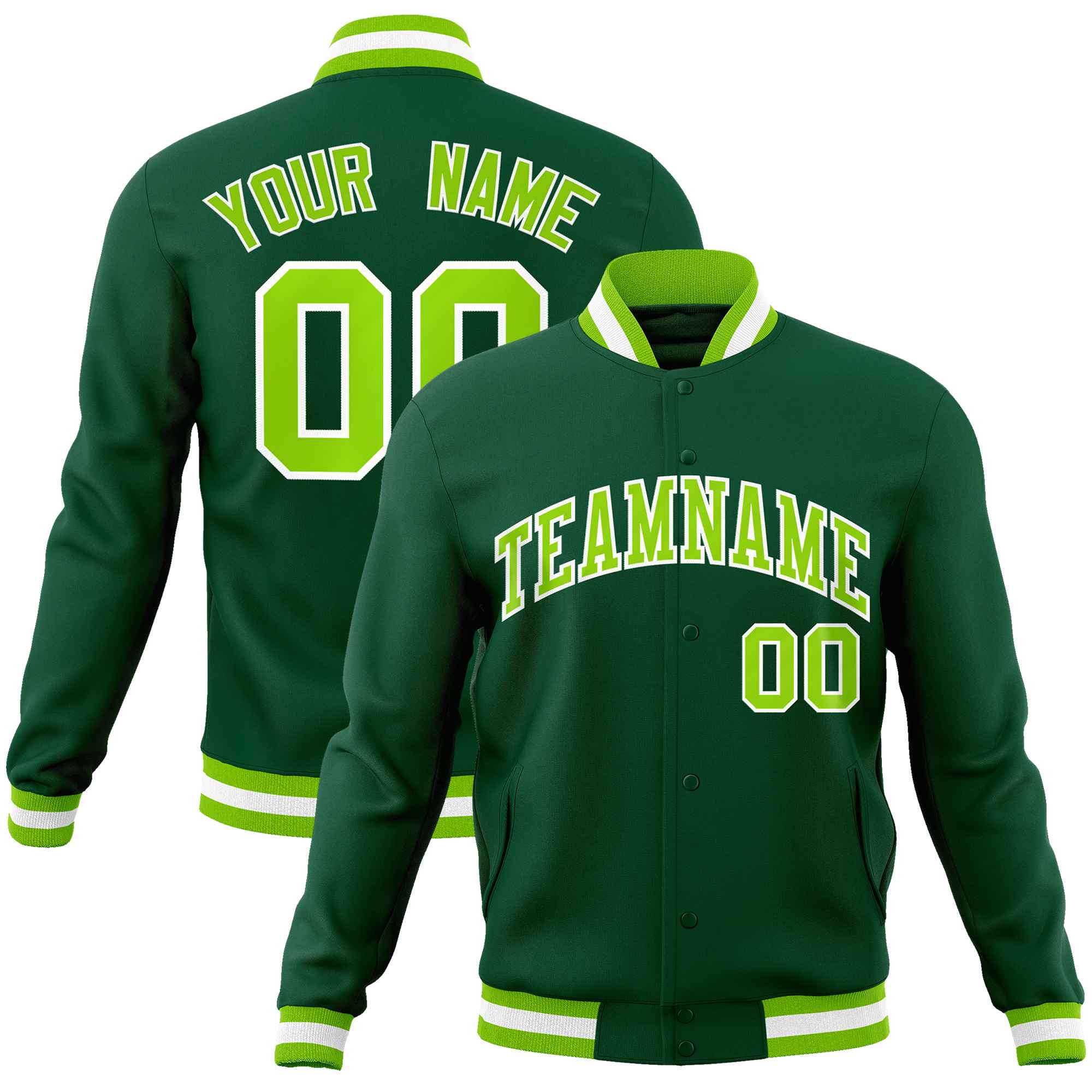 Custom Green Neon Green-White Classic Style Varsity Full-Snap Letterman Jacket