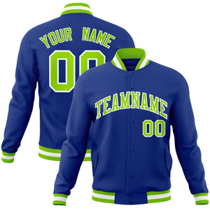 Custom Royal Neon Green-White Classic Style Varsity Full-Snap Letterman Jacket