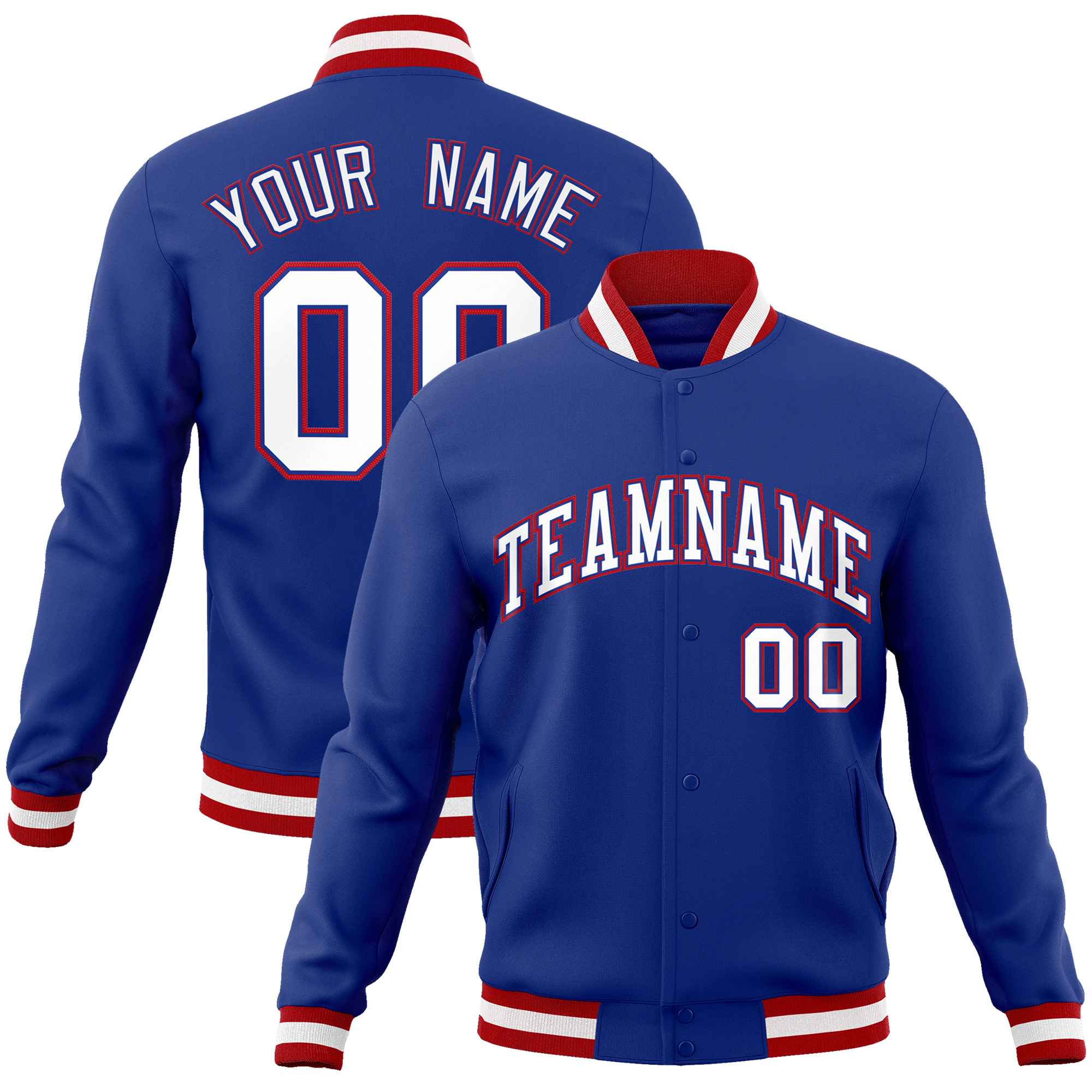 Custom Royal White-Red Classic Style Varsity Full-Snap Letterman Jacket