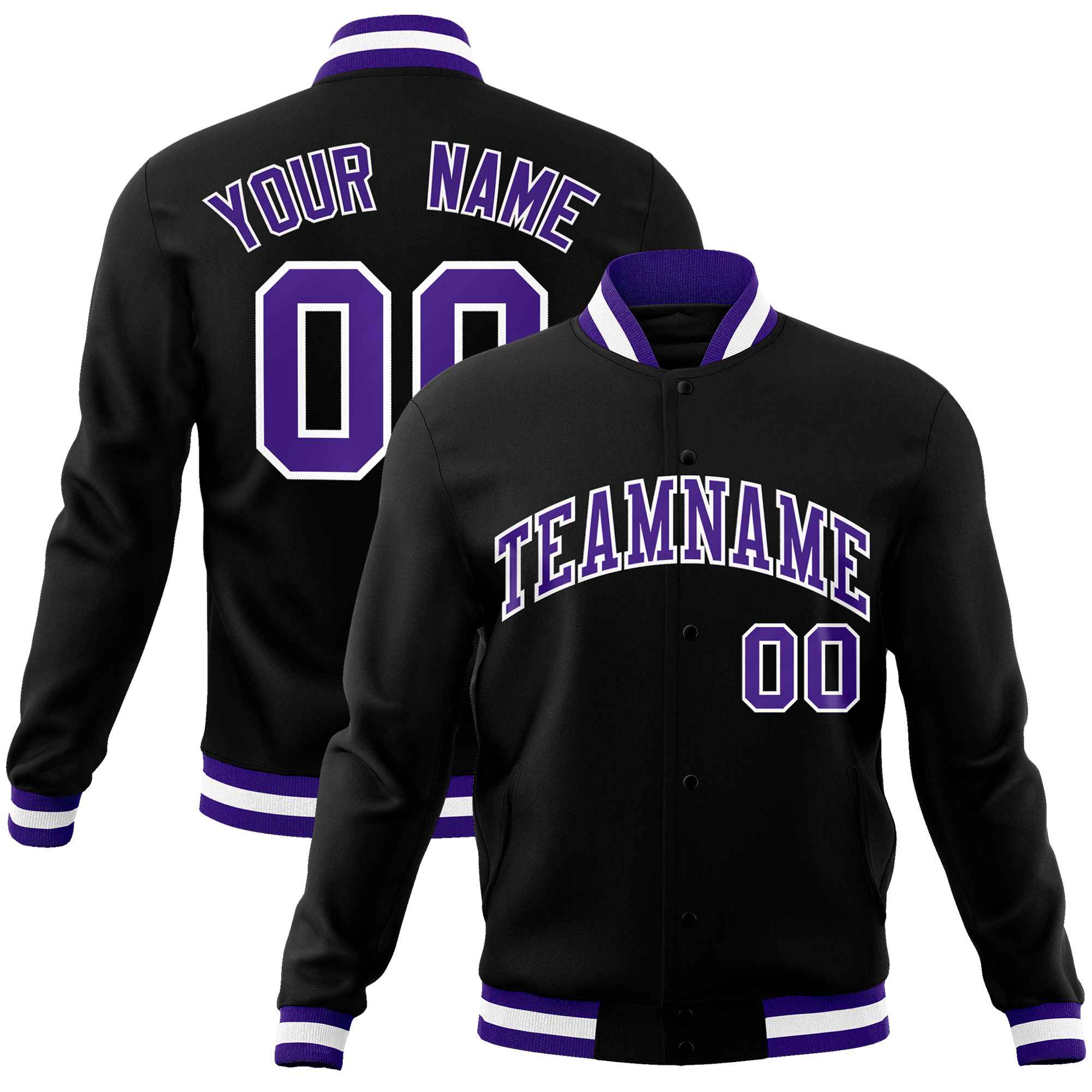 Custom Black Purple-White Classic Style Varsity Full-Snap Letterman Jacket