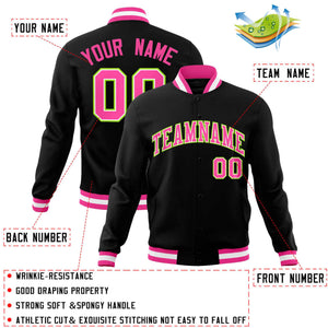 Custom Black Pink-Neon Green Classic Style Varsity Full-Snap Letterman Jacket