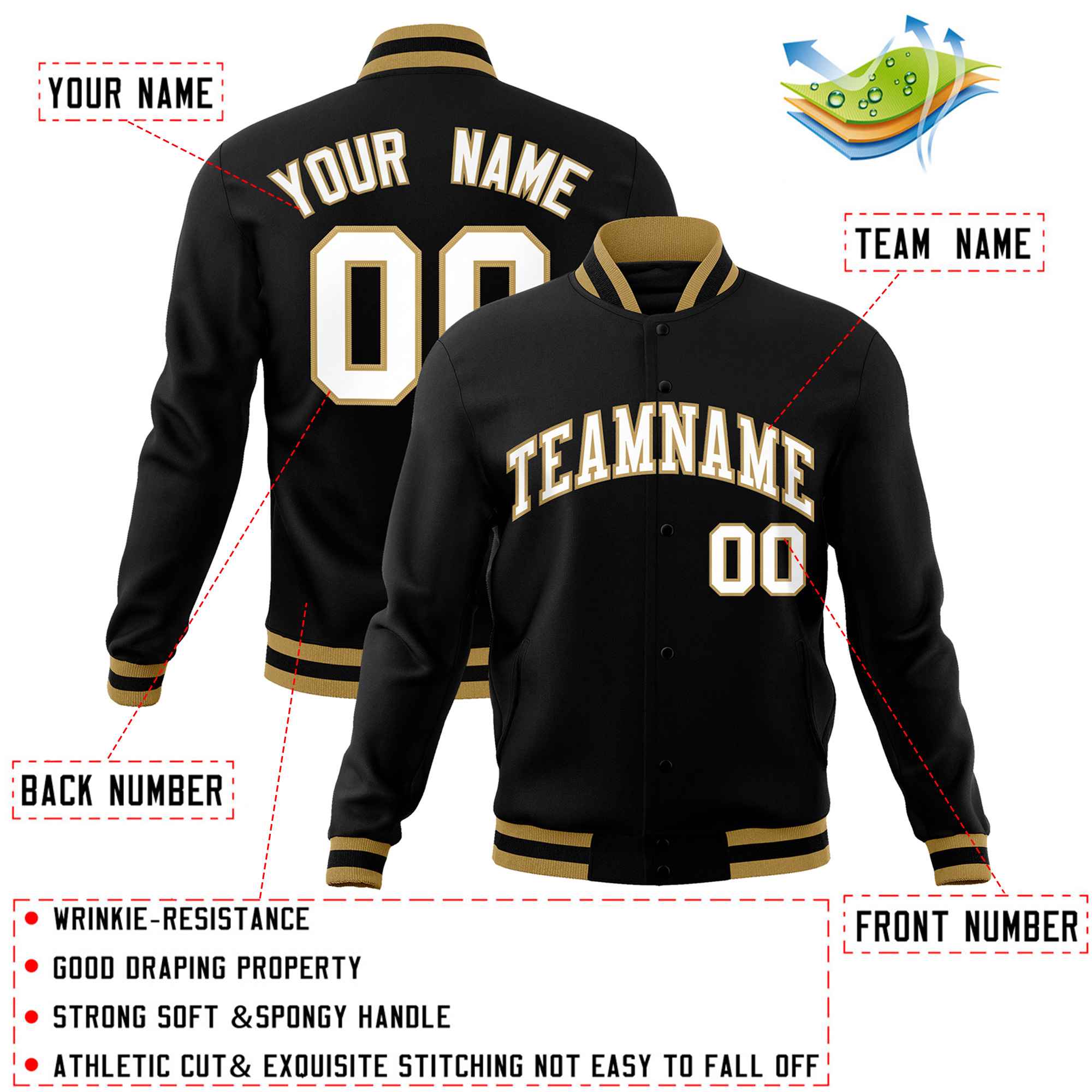 Custom Black White-Old Gold Classic Style Varsity Full-Snap Letterman Jacket