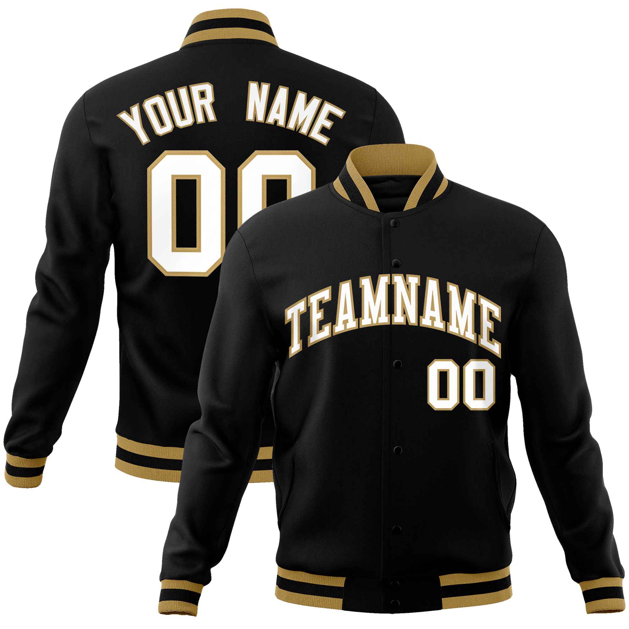 Custom Black White-Old Gold Classic Style Varsity Full-Snap Letterman Jacket