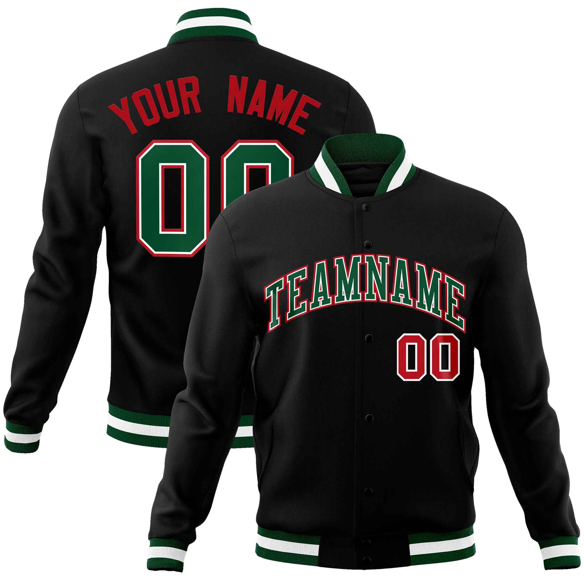 Custom Black Green-Red Classic Style Varsity Full-Snap Letterman Jacket