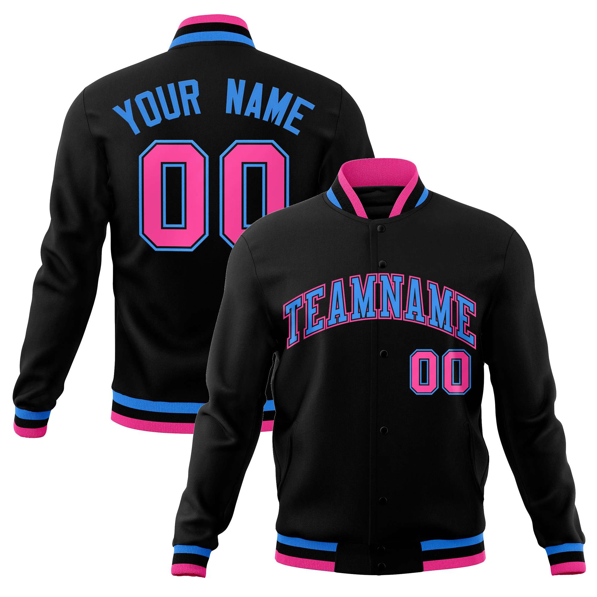 Custom Black Powder Blue-Pink Classic Style Varsity Full-Snap Letterman Jacket