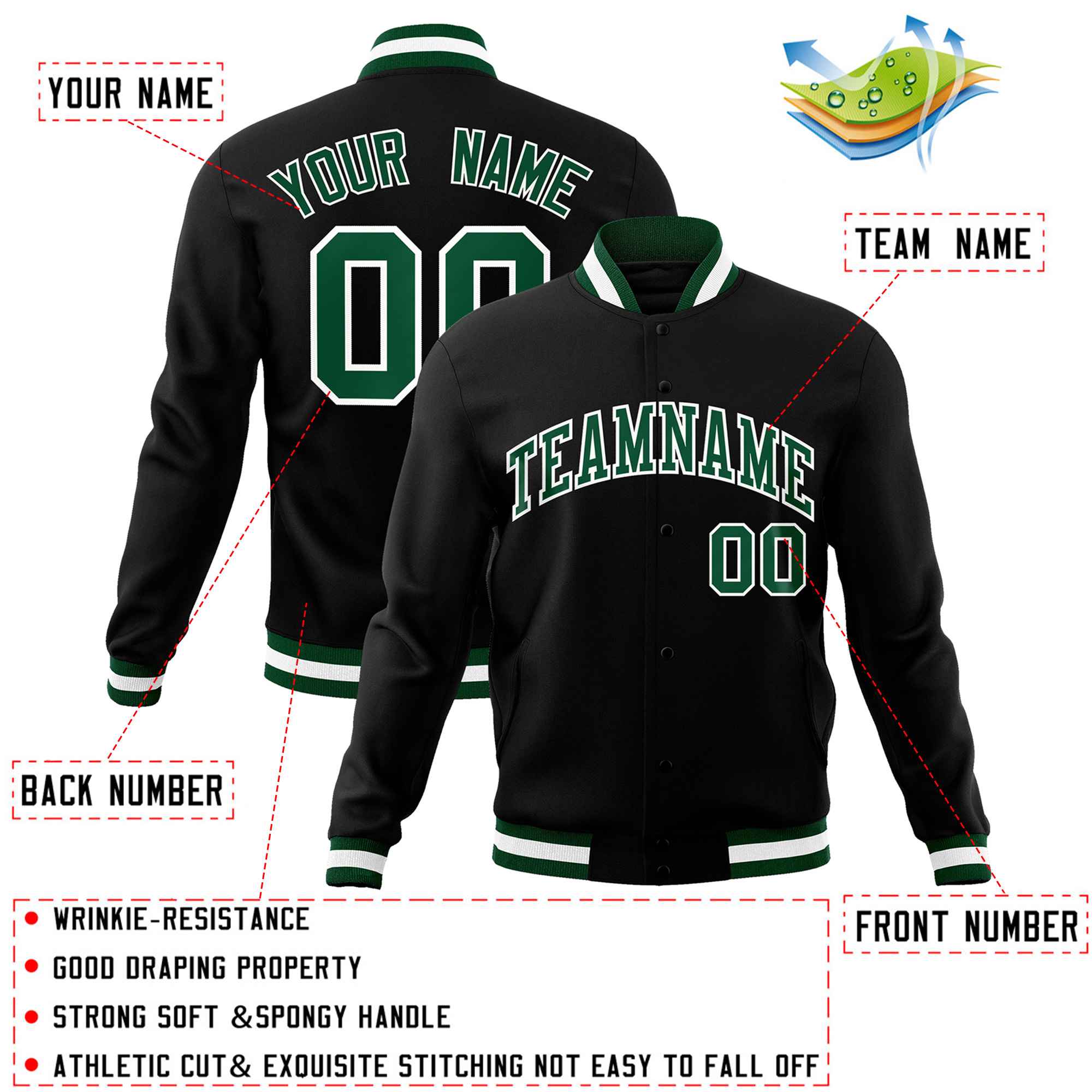 Custom Black Green-White Classic Style Varsity Full-Snap Letterman Jacket