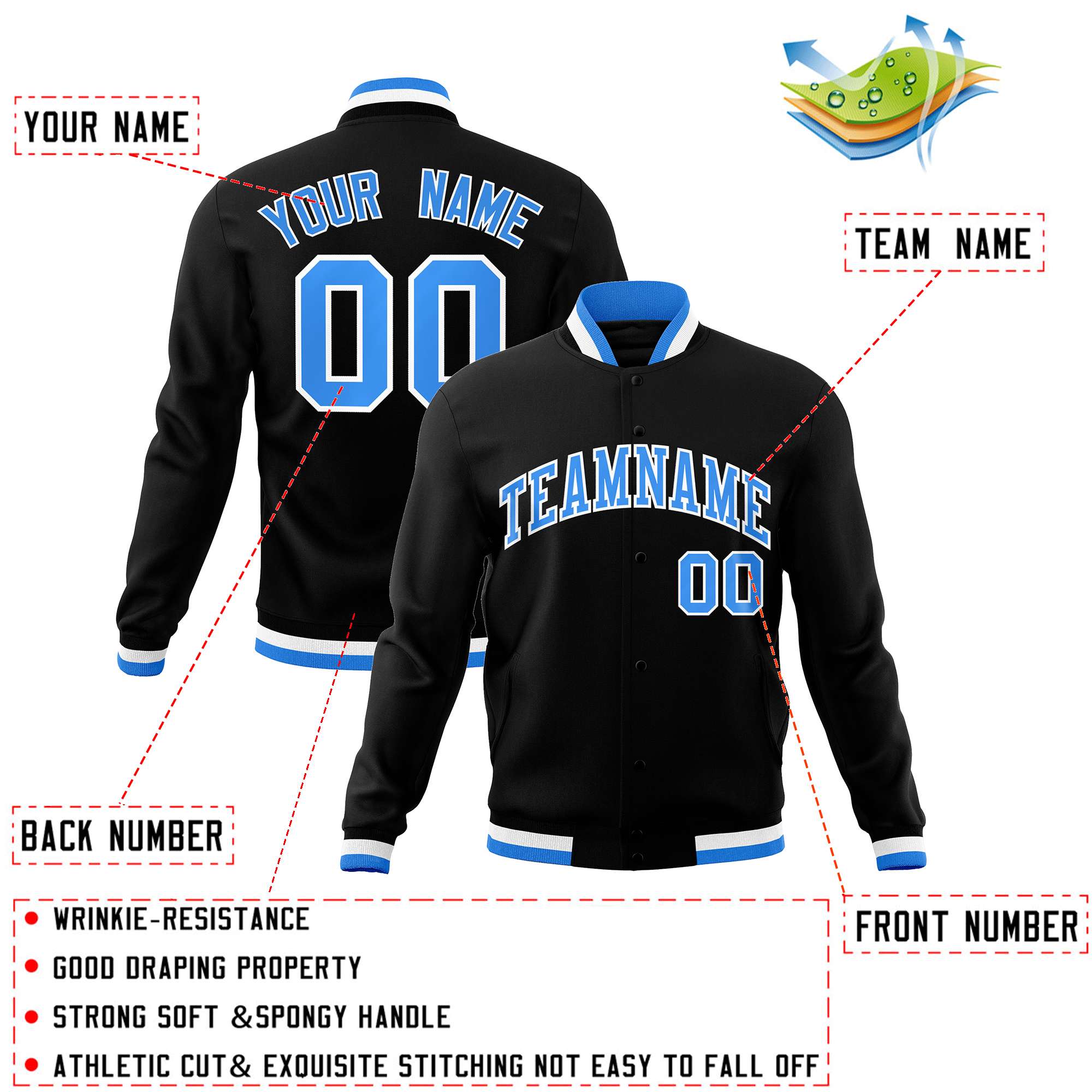 Custom Black Powder Blue-White Classic Style Varsity Full-Snap Letterman Jacket