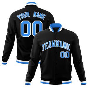 Custom Black Powder Blue-White Classic Style Varsity Full-Snap Letterman Jacket