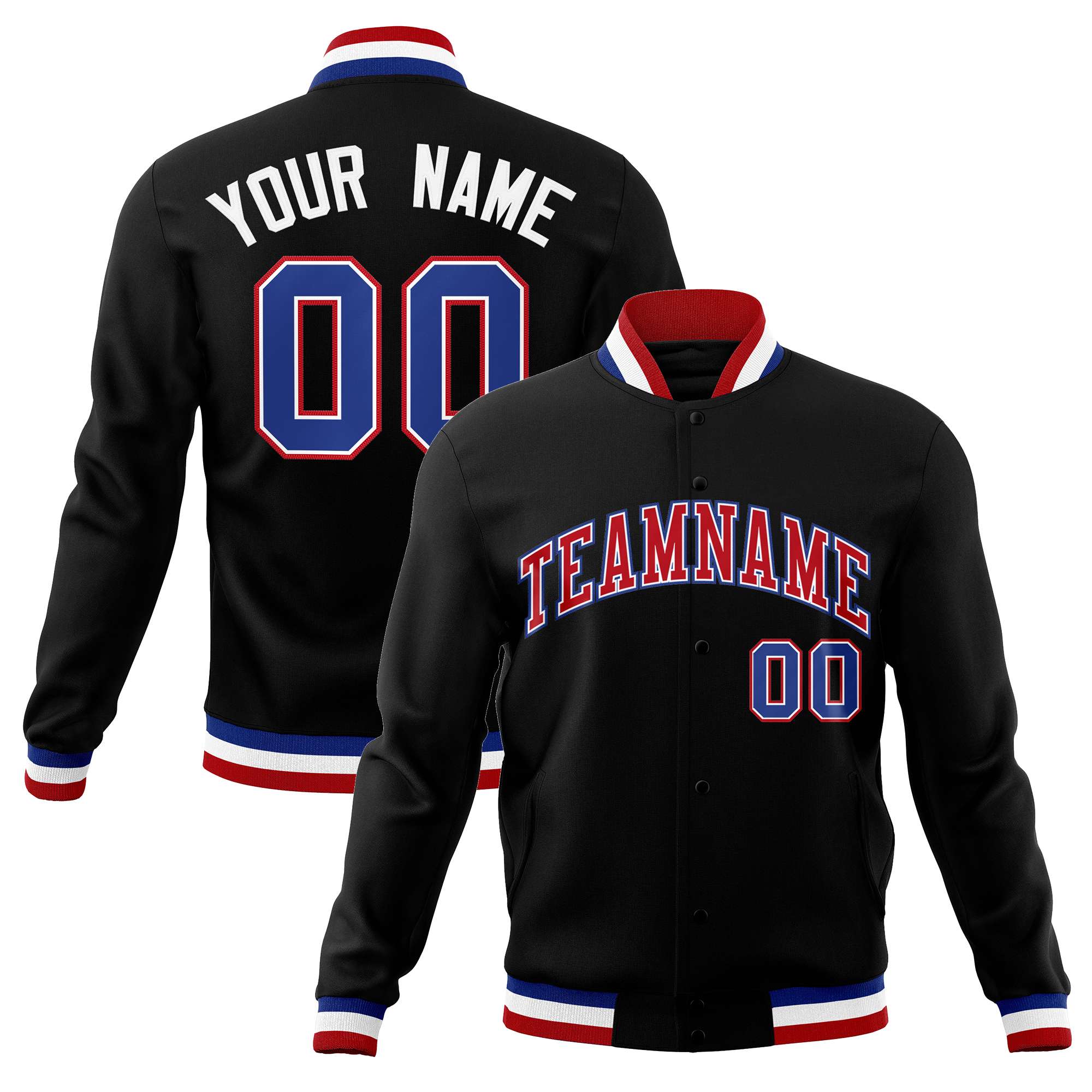 Custom Black Red-Royal Classic Style Varsity Full-Snap Letterman Jacket