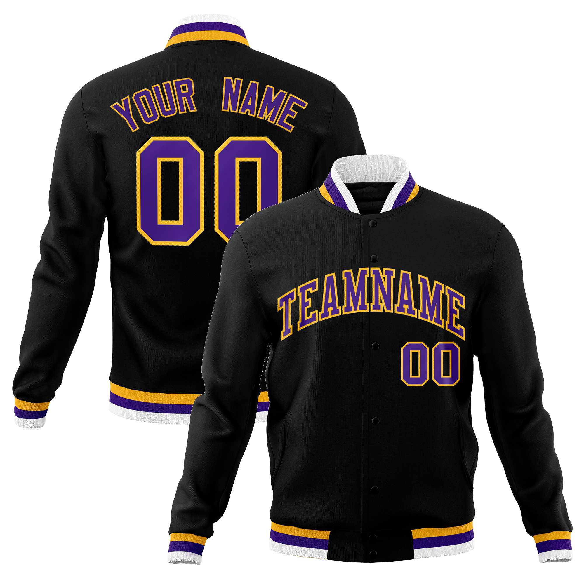 Custom Black Purple-Gold Classic Style Varsity Full-Snap Letterman Jacket