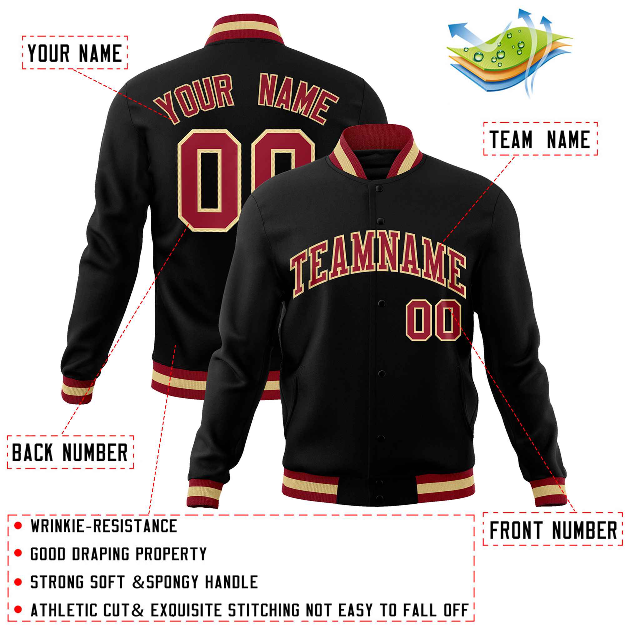 Custom Black Crimson-Khaki Classic Style Varsity Full-Snap Letterman Jacket