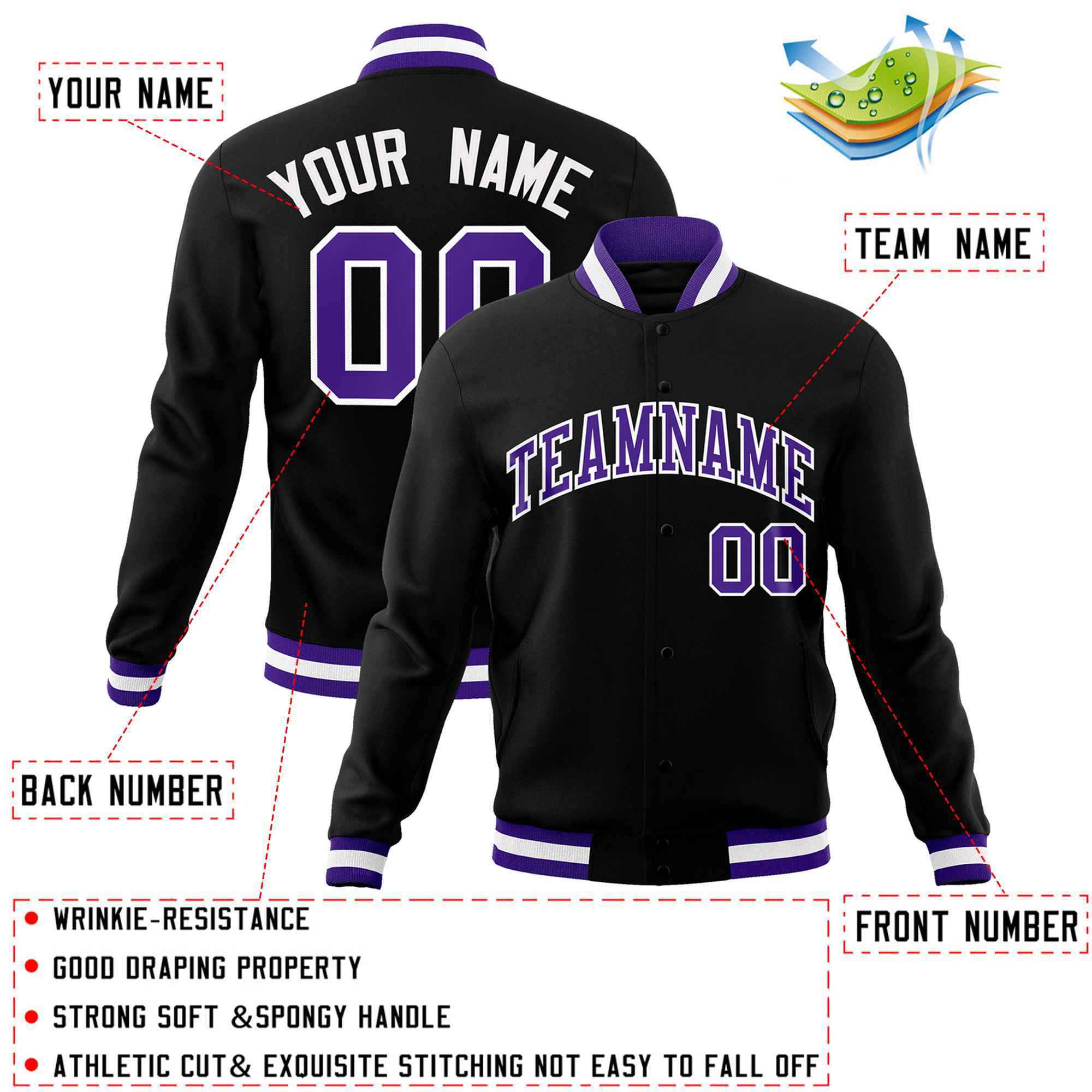 Custom Black Purple-White Classic Style Varsity Full-Snap Letterman Jacket