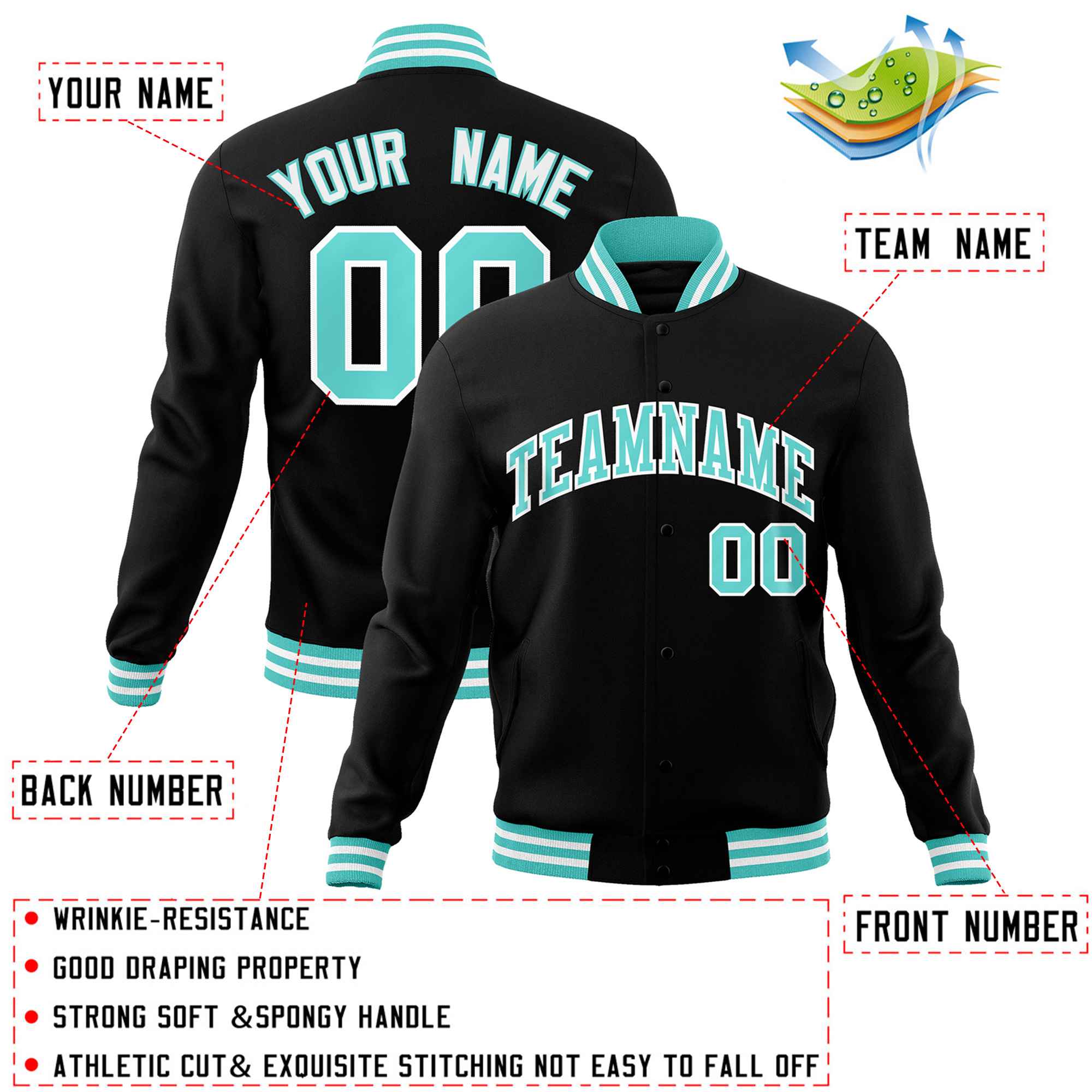 Custom Black Aqua-White Classic Style Varsity Full-Snap Letterman Jacket