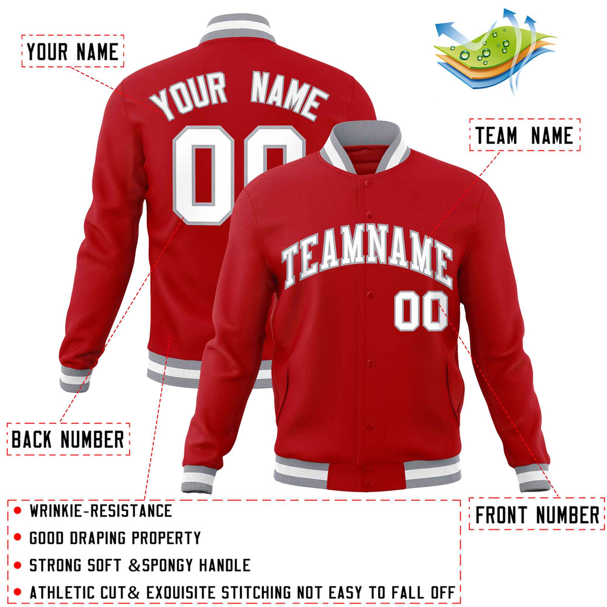 Custom Red White-Gray Classic Style Varsity Full-Snap Letterman Jacket