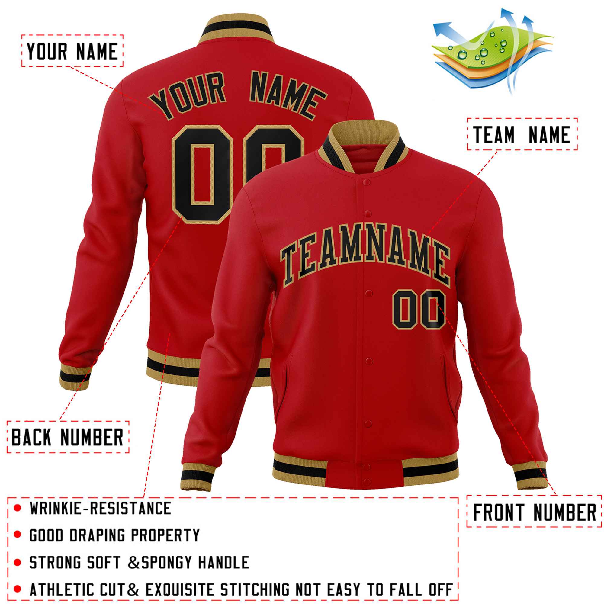 Custom Red Black-Old Gold Classic Style Varsity Full-Snap Letterman Jacket