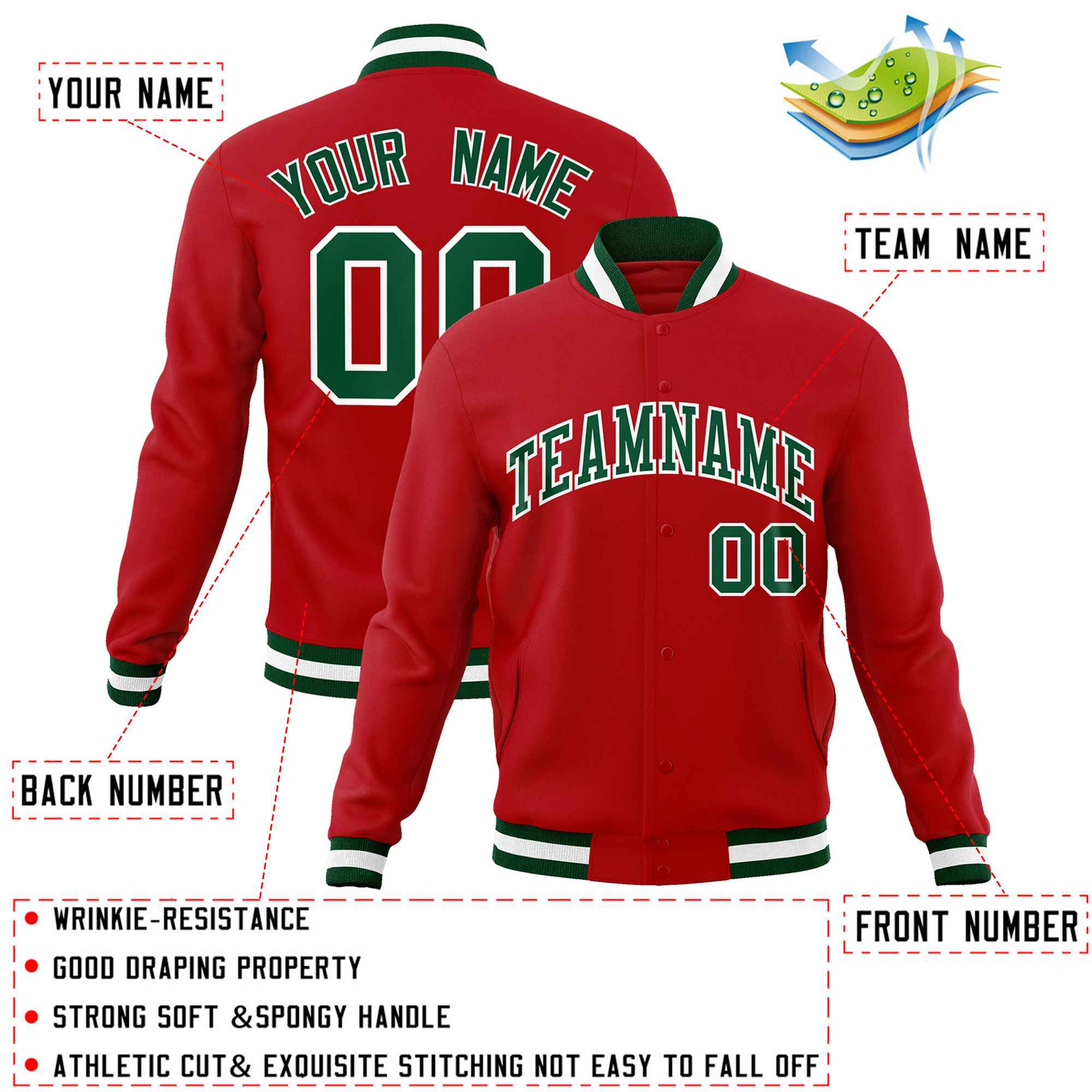 Custom Red Green-White Classic Style Varsity Full-Snap Letterman Jacket