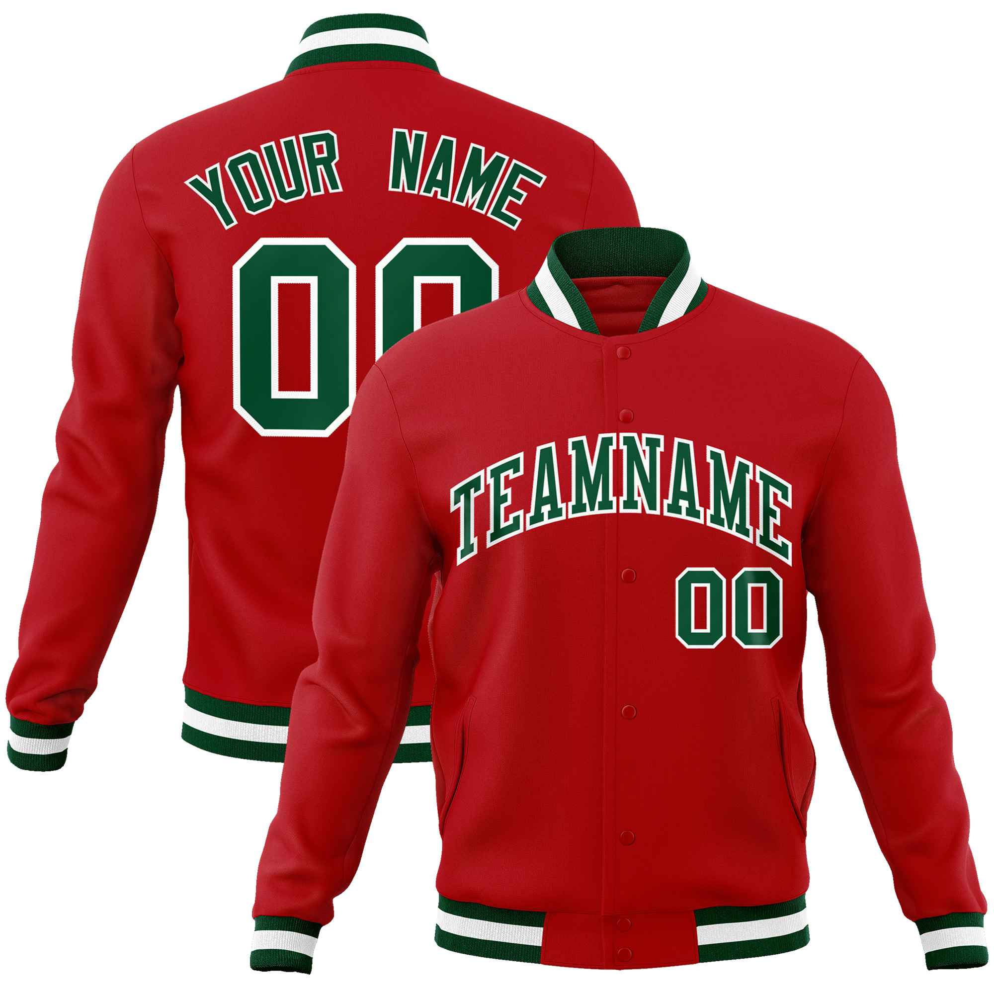 Custom Red Green-White Classic Style Varsity Full-Snap Letterman Jacket