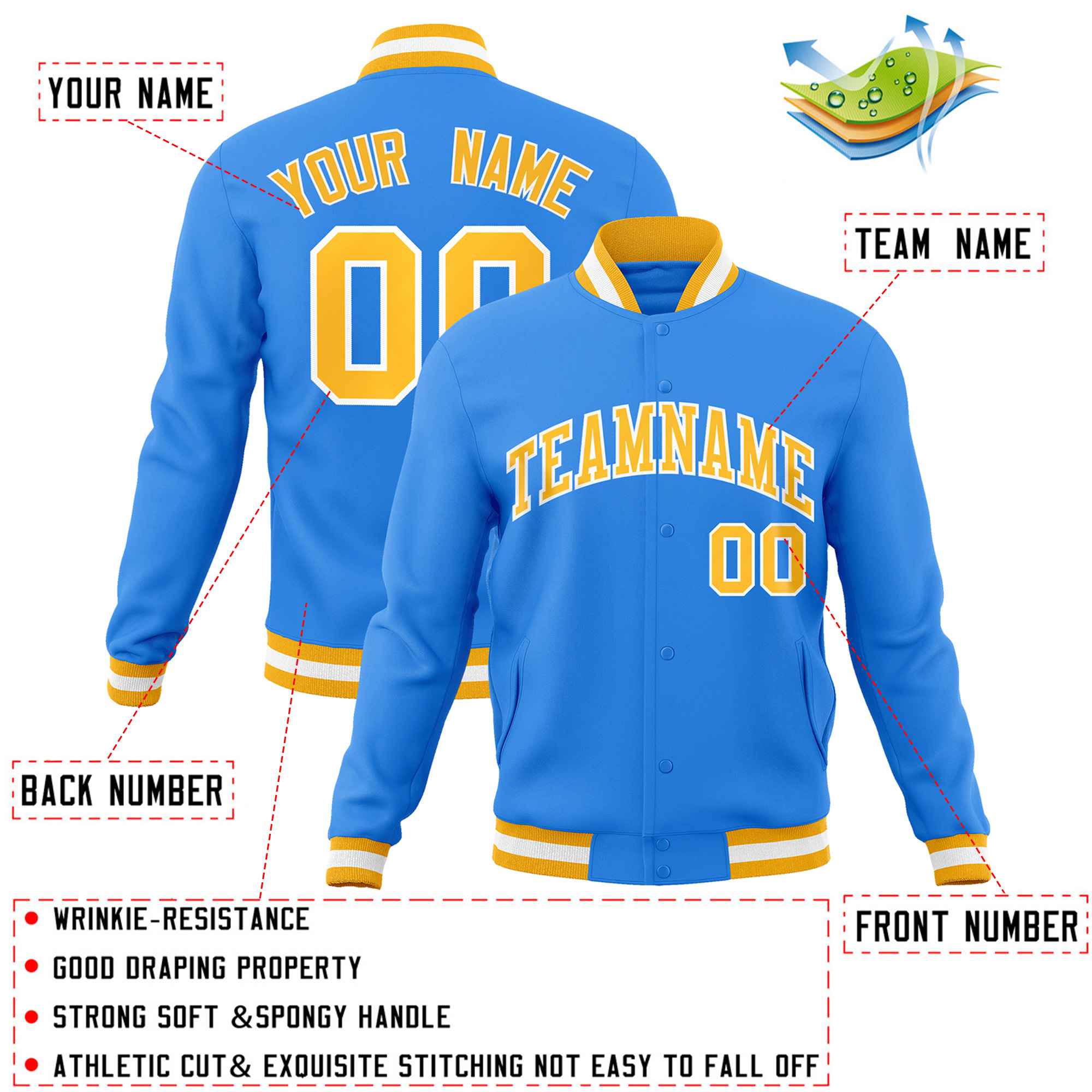 Custom Powder Blue Gold-White Classic Style Varsity Full-Snap Letterman Jacket