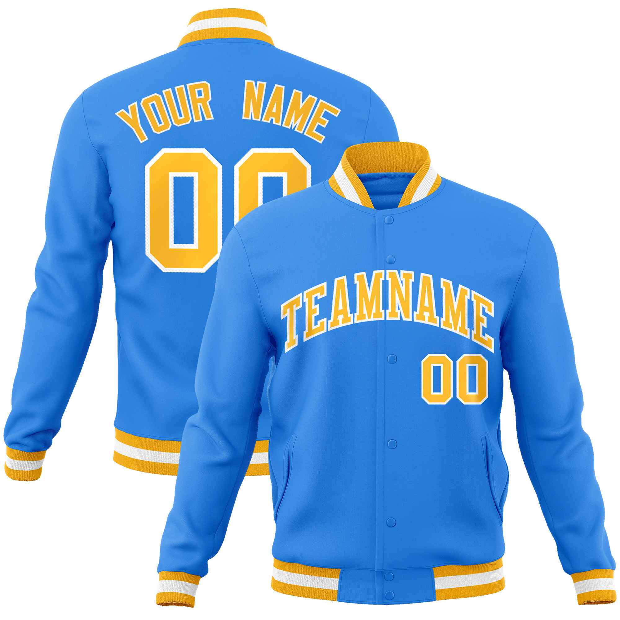 Custom Powder Blue Gold-White Classic Style Varsity Full-Snap Letterman Jacket