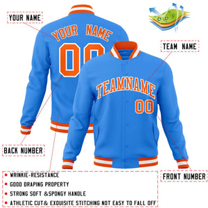 Custom Powder Blue Orange-White Classic Style Varsity Full-Snap Letterman Jacket