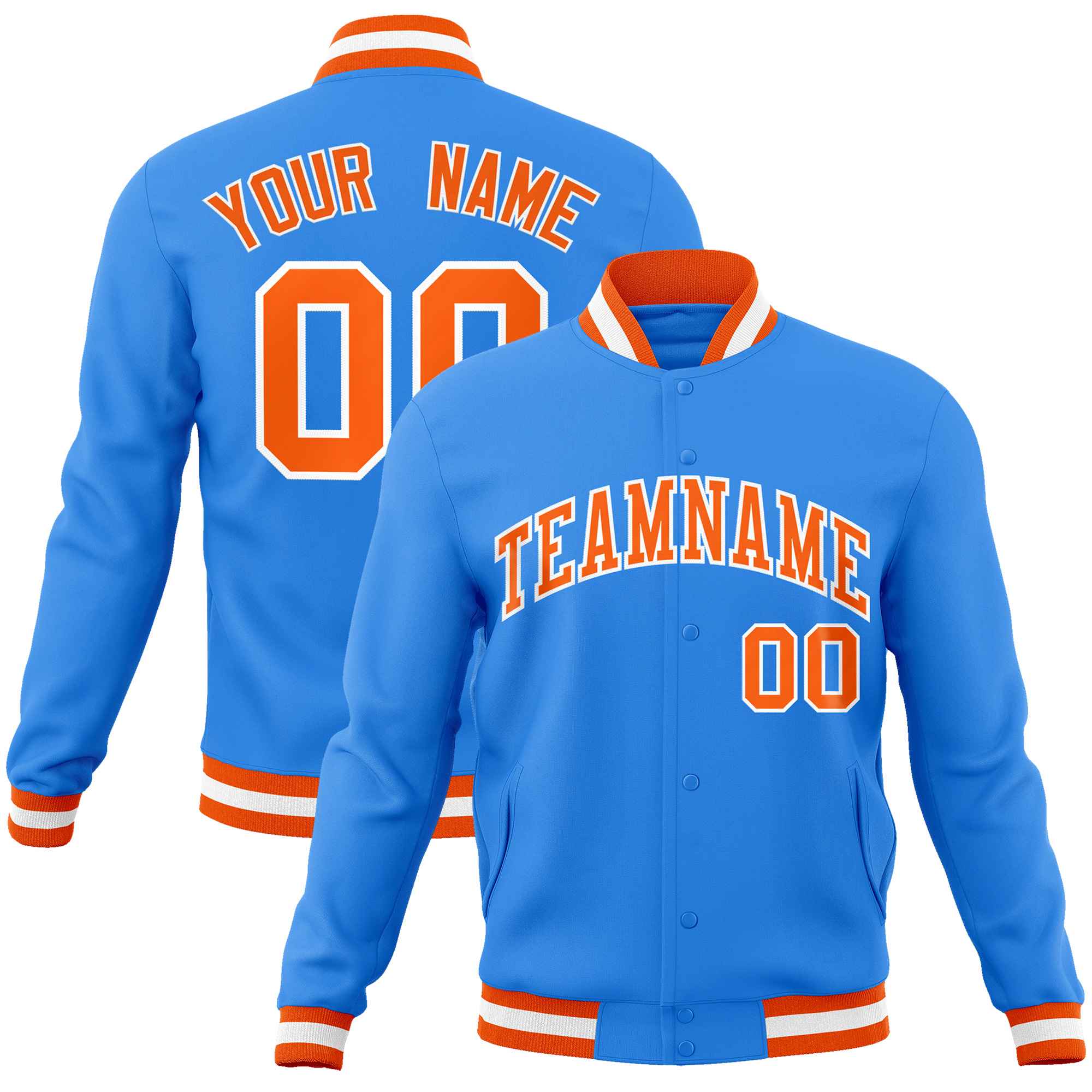 Custom Powder Blue Orange-White Classic Style Varsity Full-Snap Letterman Jacket