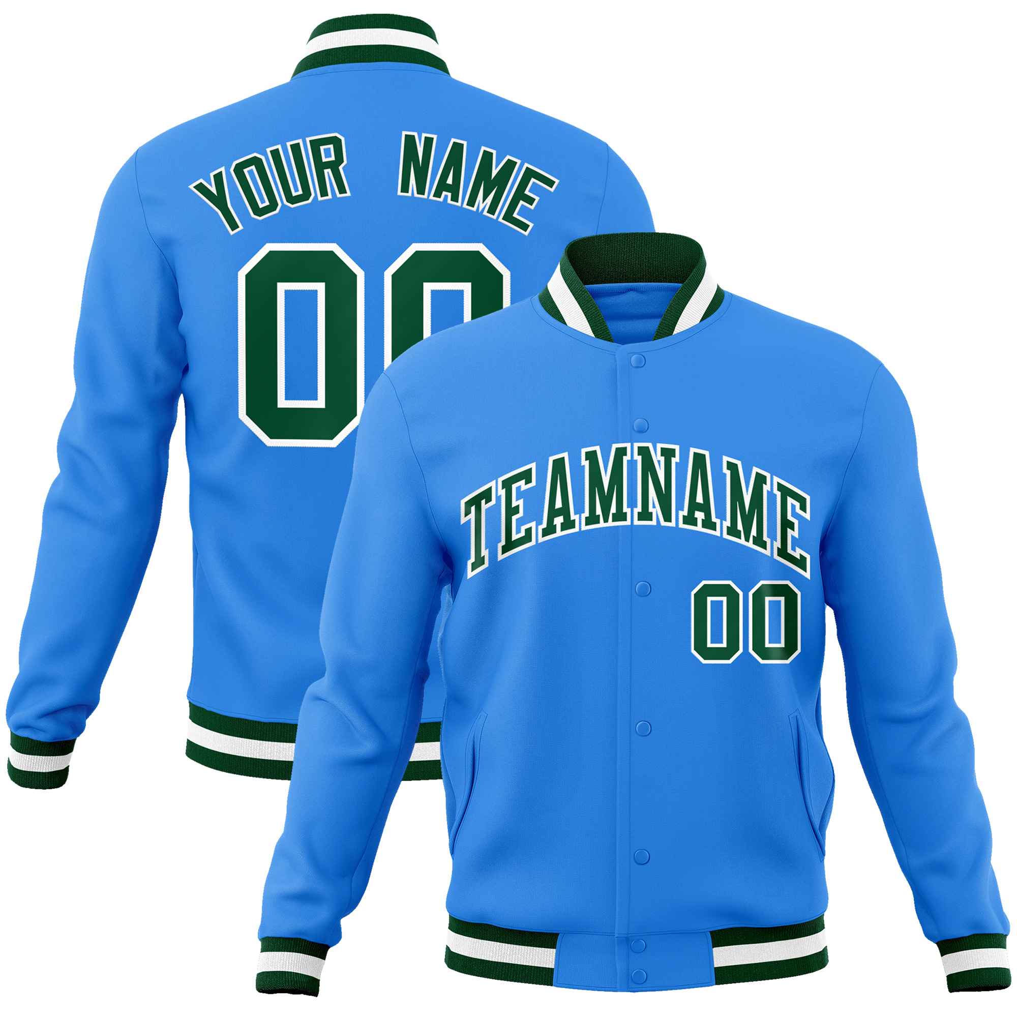 Custom Powder Blue Green-White Classic Style Varsity Full-Snap Letterman Jacket