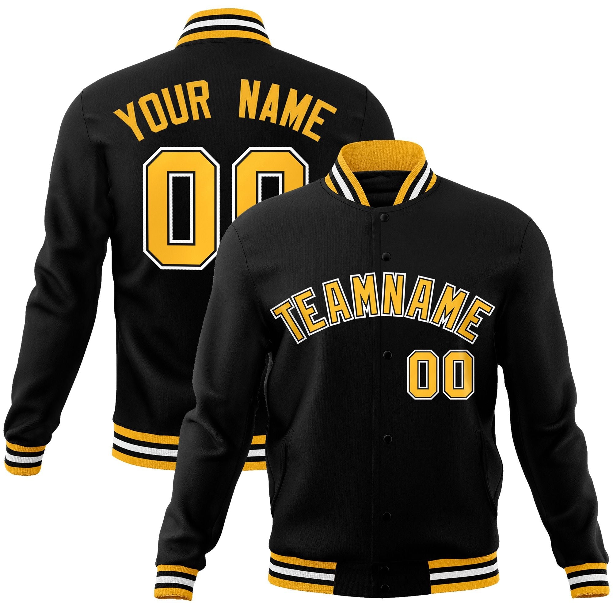 Custom Black Gold-Black Classic Style Varsity Full-Snap Letterman Jacket