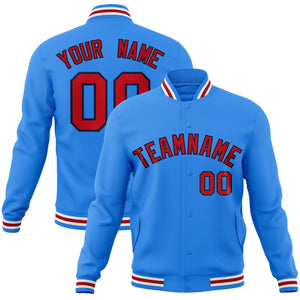 Custom Powder Blue Red-Navy Classic Style Varsity Full-Snap Letterman Jacket