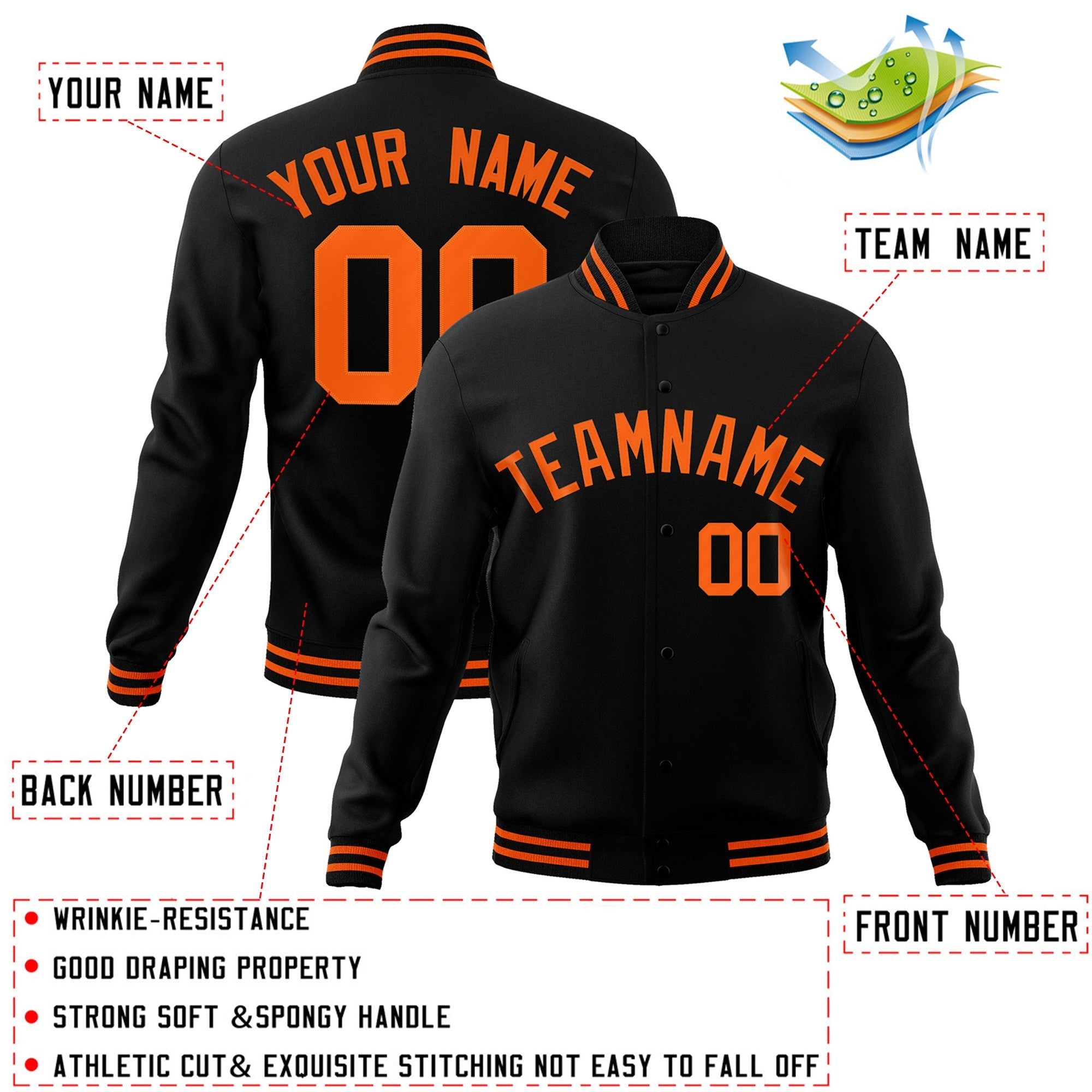 Custom Black Orange Classic Style Varsity Full-Snap Letterman Jacket