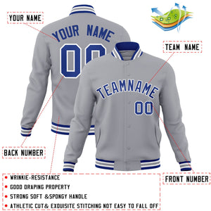 Custom Gray Royal-White Classic Style Varsity Full-Snap Letterman Jacket