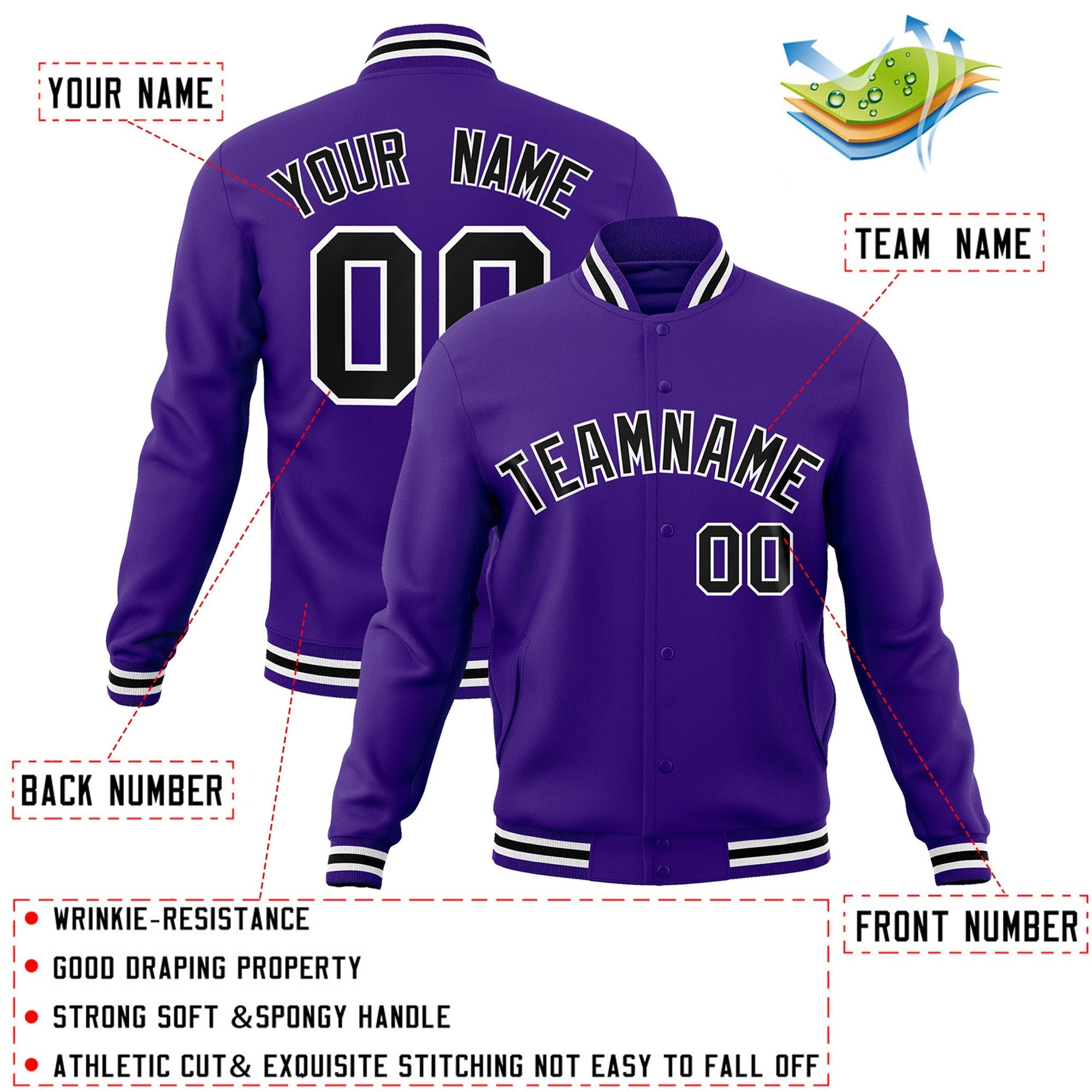 Custom Purple Black-White Classic Style Varsity Full-Snap Letterman Jacket