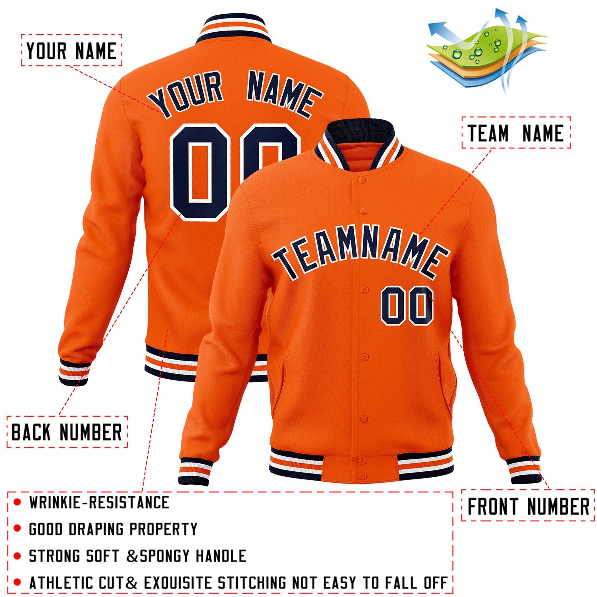 Custom Orange Navy-White Classic Style Varsity Full-Snap Letterman Jacket