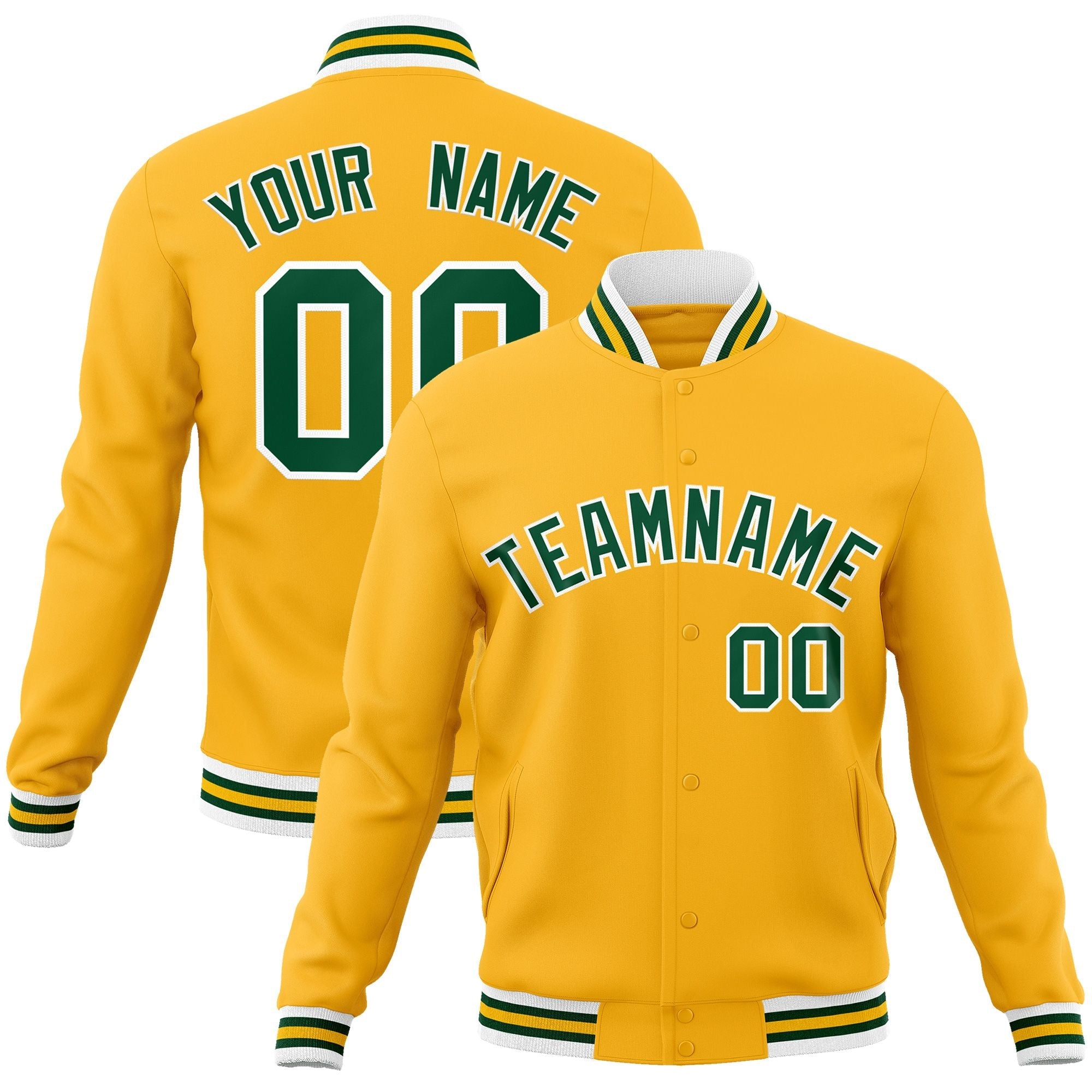 Custom Gold Green-White Classic Style Varsity Full-Snap Letterman Jacket