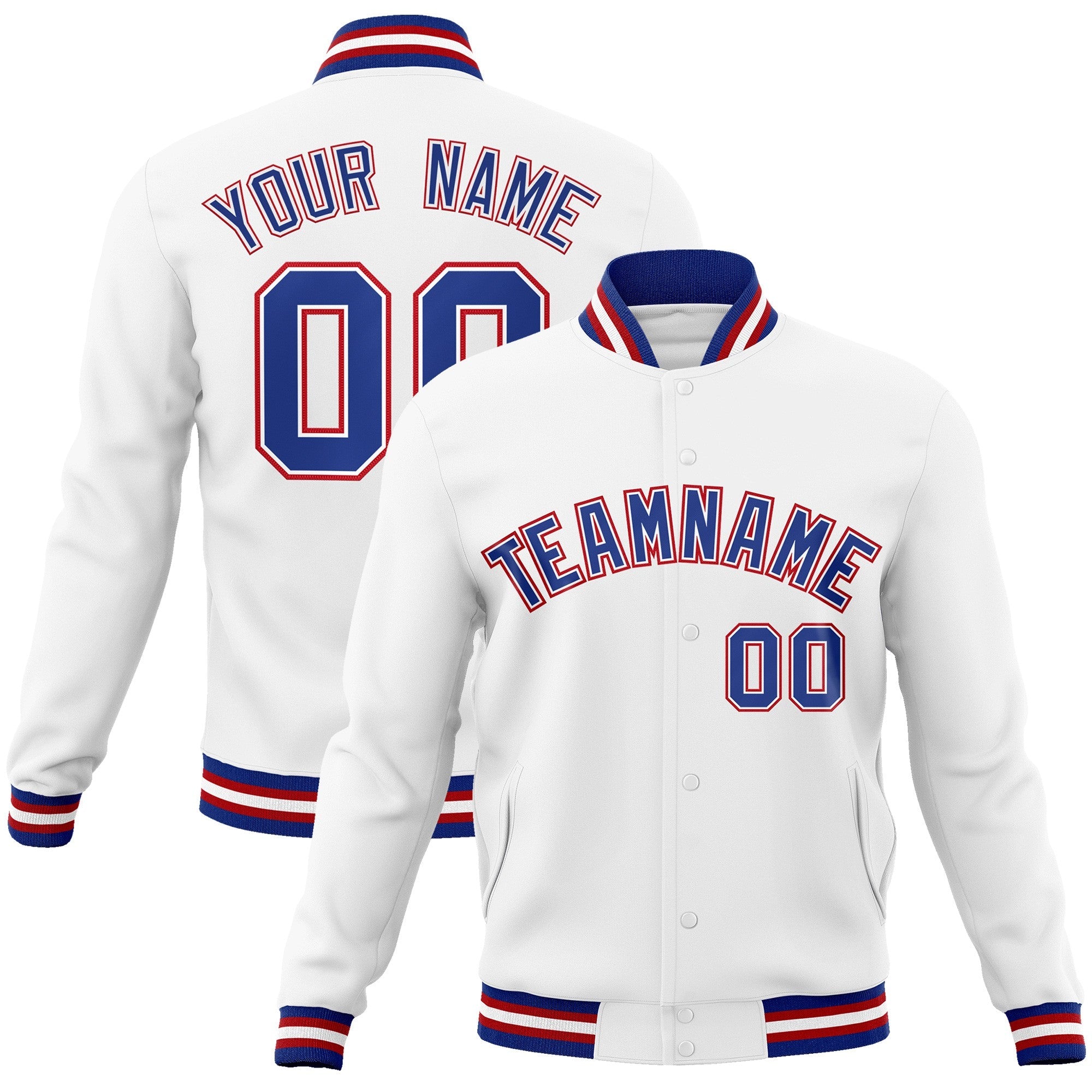 Custom White Royal-White Classic Style Varsity Full-Snap Letterman Jacket