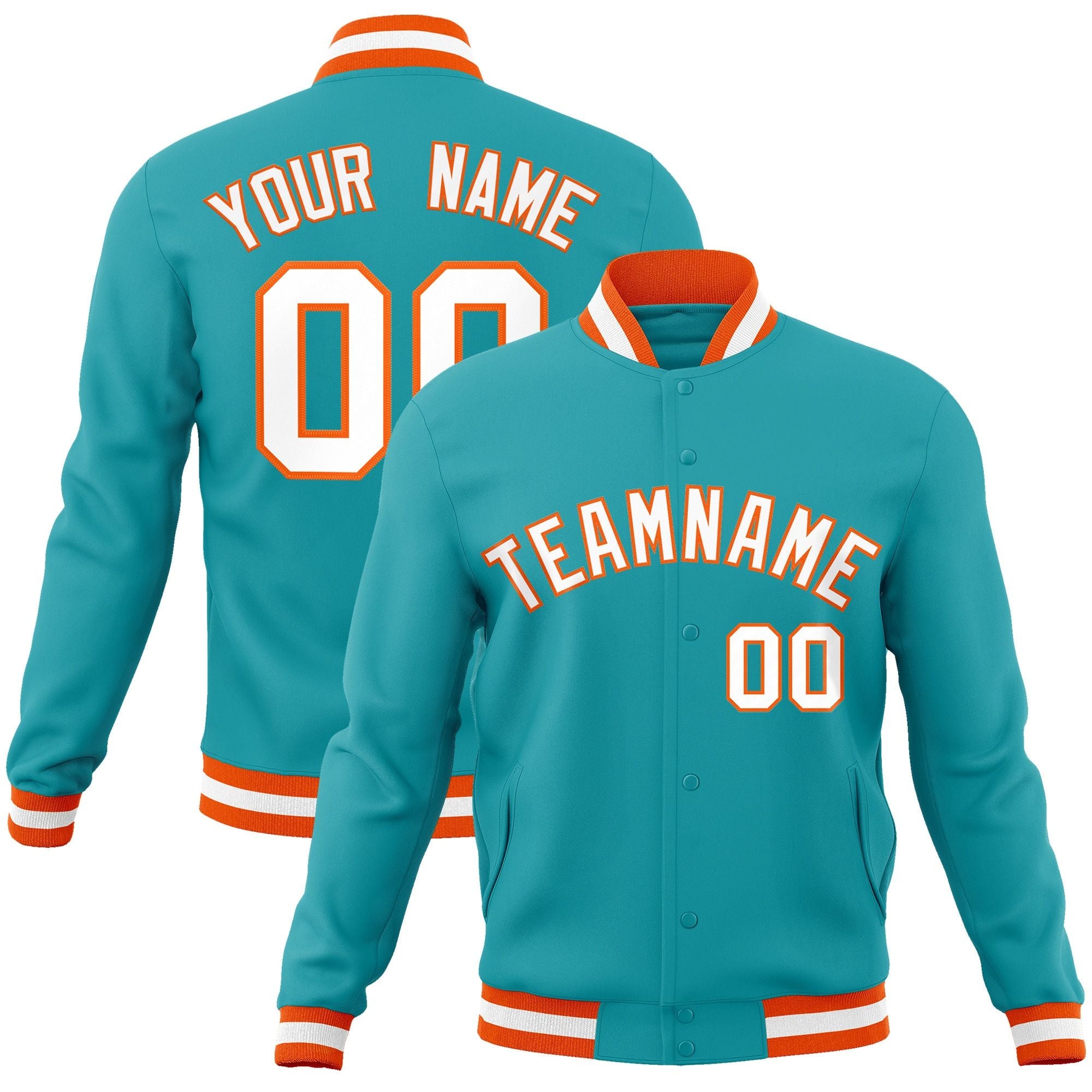 Custom Aqua White-Orange Classic Style Varsity Full-Snap Letterman Jacket