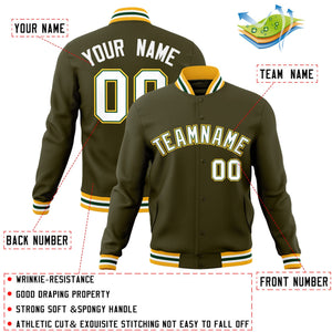 Custom Olive White-Green Classic Style Varsity Full-Snap Letterman Jacket