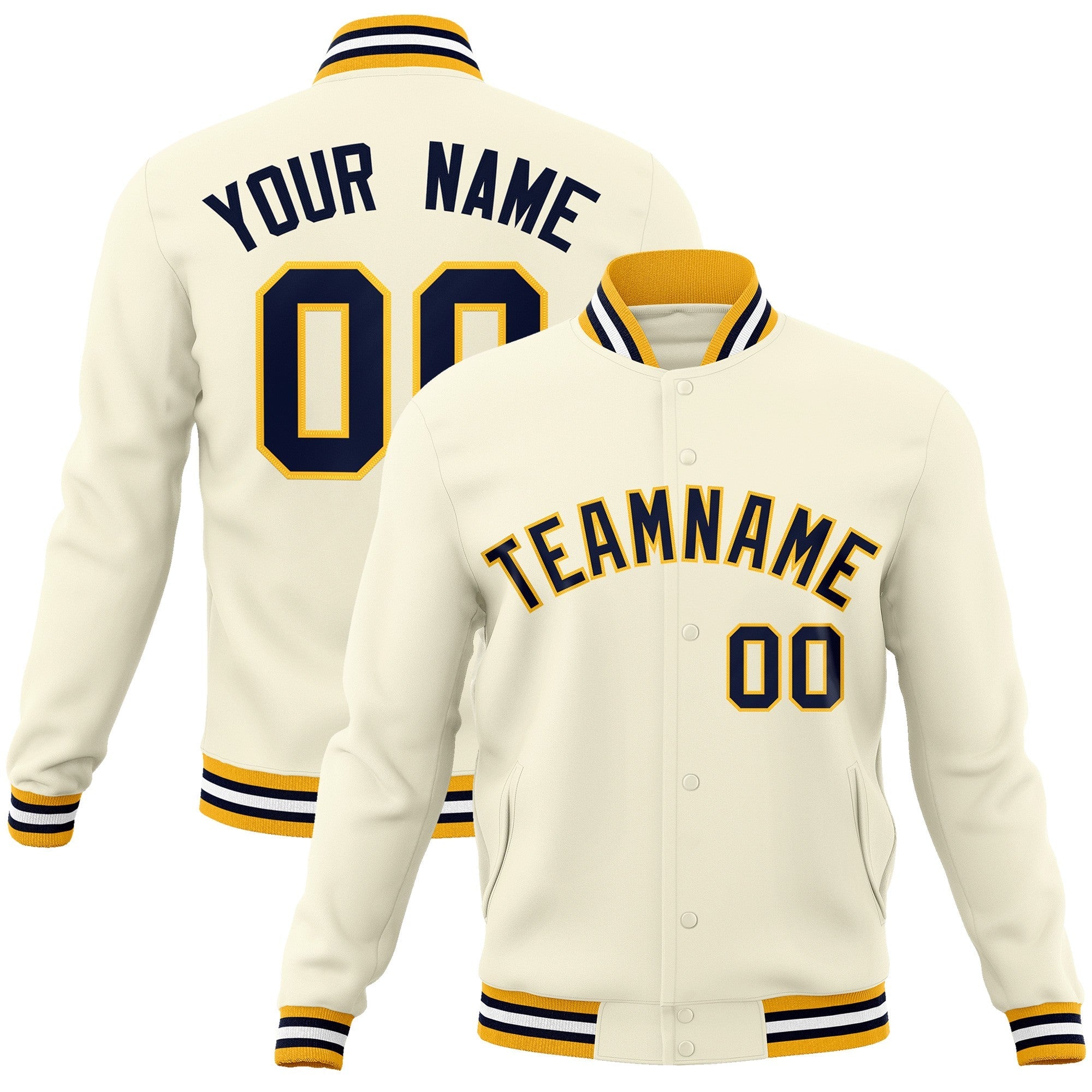 Custom Khaki Navy-Yellow Classic Style Varsity Full-Snap Letterman Jacket