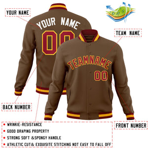 Custom Light Brown Crimson-Yellow Classic Style Varsity Full-Snap Letterman Jacket