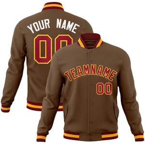 Custom Light Brown Crimson-Yellow Classic Style Varsity Full-Snap Letterman Jacket