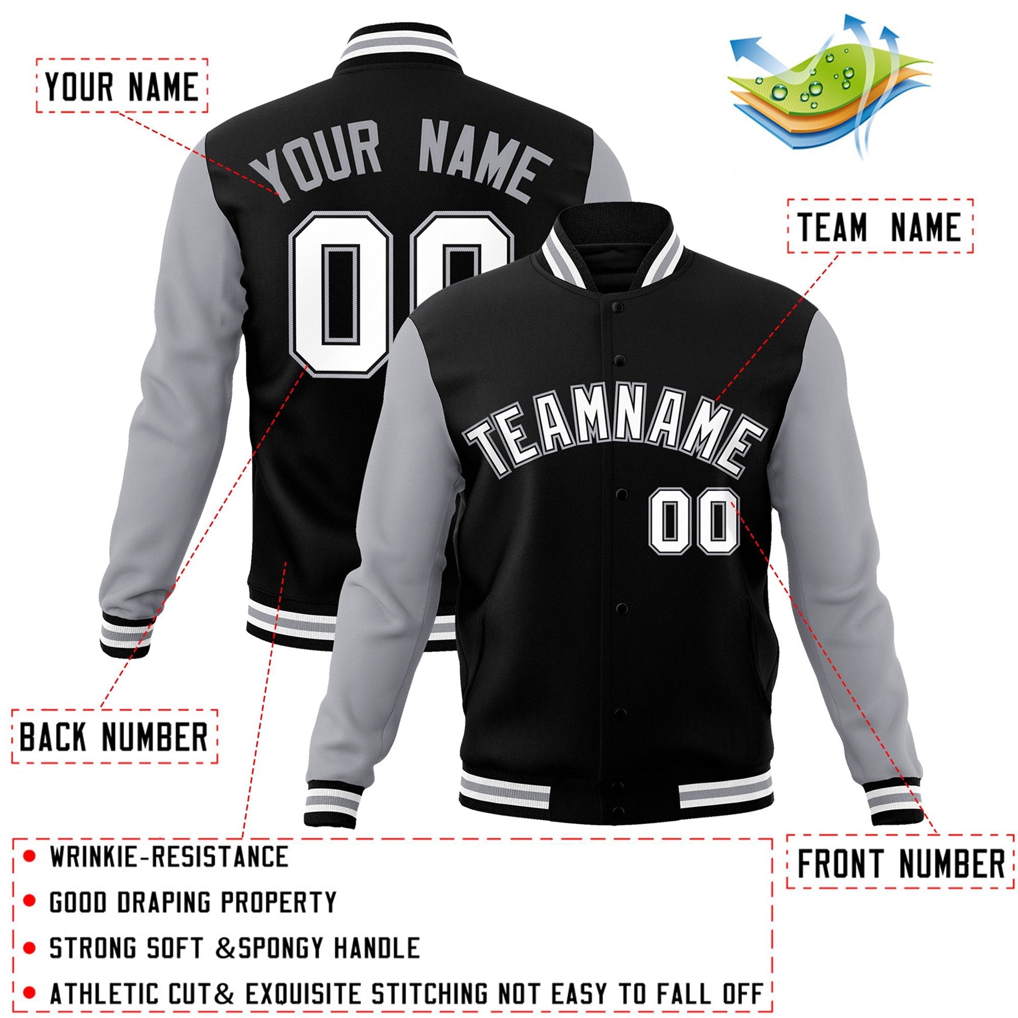 Veste Letterman Varsity Full-Snap à manches raglan personnalisées noir blanc-noir